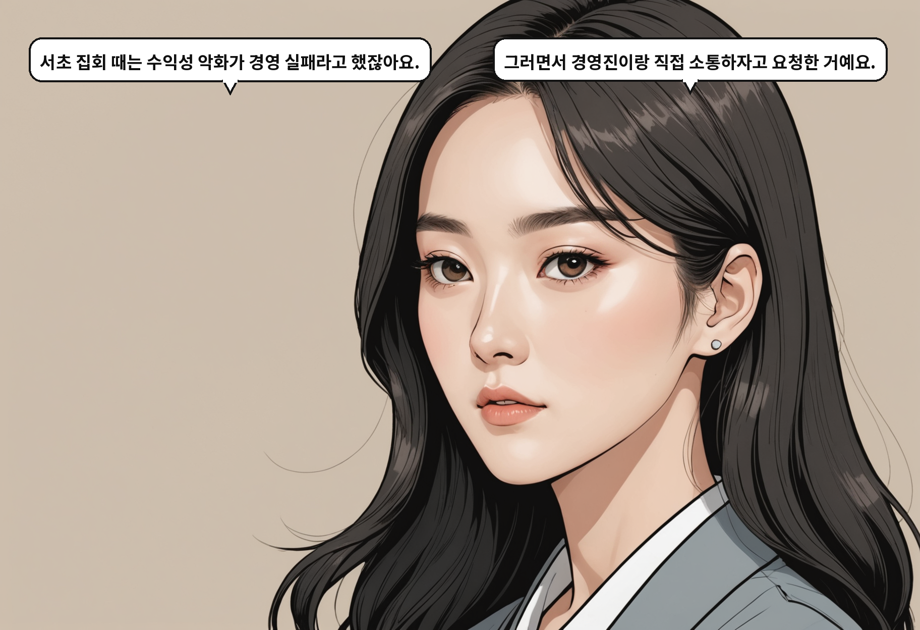 A: 서초 집회 때는 수익성 악화가 경영 실패라고 했잖아요. B: 그러면서 경영진이랑 직접 소통하자고 요청한 거예요.