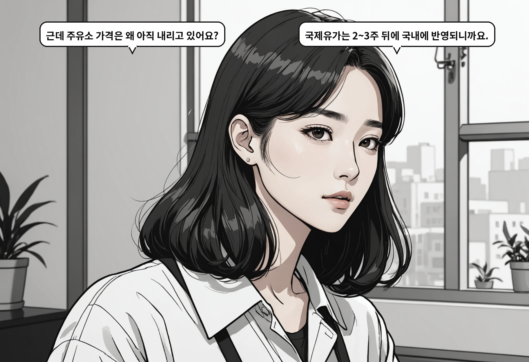 A: 근데 주유소 가격은 왜 아직 내리고 있어요? B: 국제유가는 2~3주 뒤에 국내에 반영되니까요.