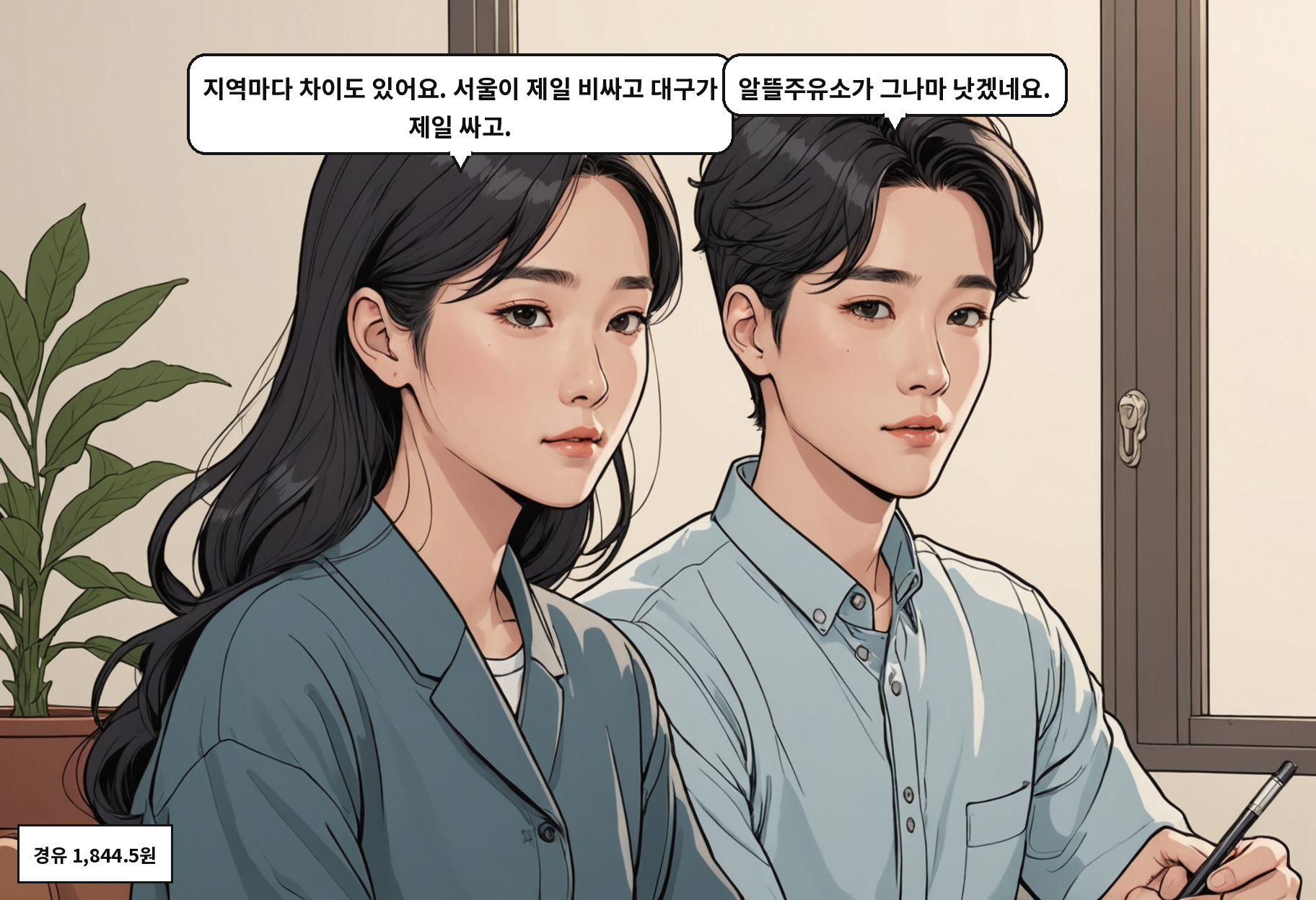 B: 지역마다 차이도 있어요. 서울이 제일 비싸고 대구가 제일 싸고. A: 알뜰주유소가 그나마 낫겠네요.