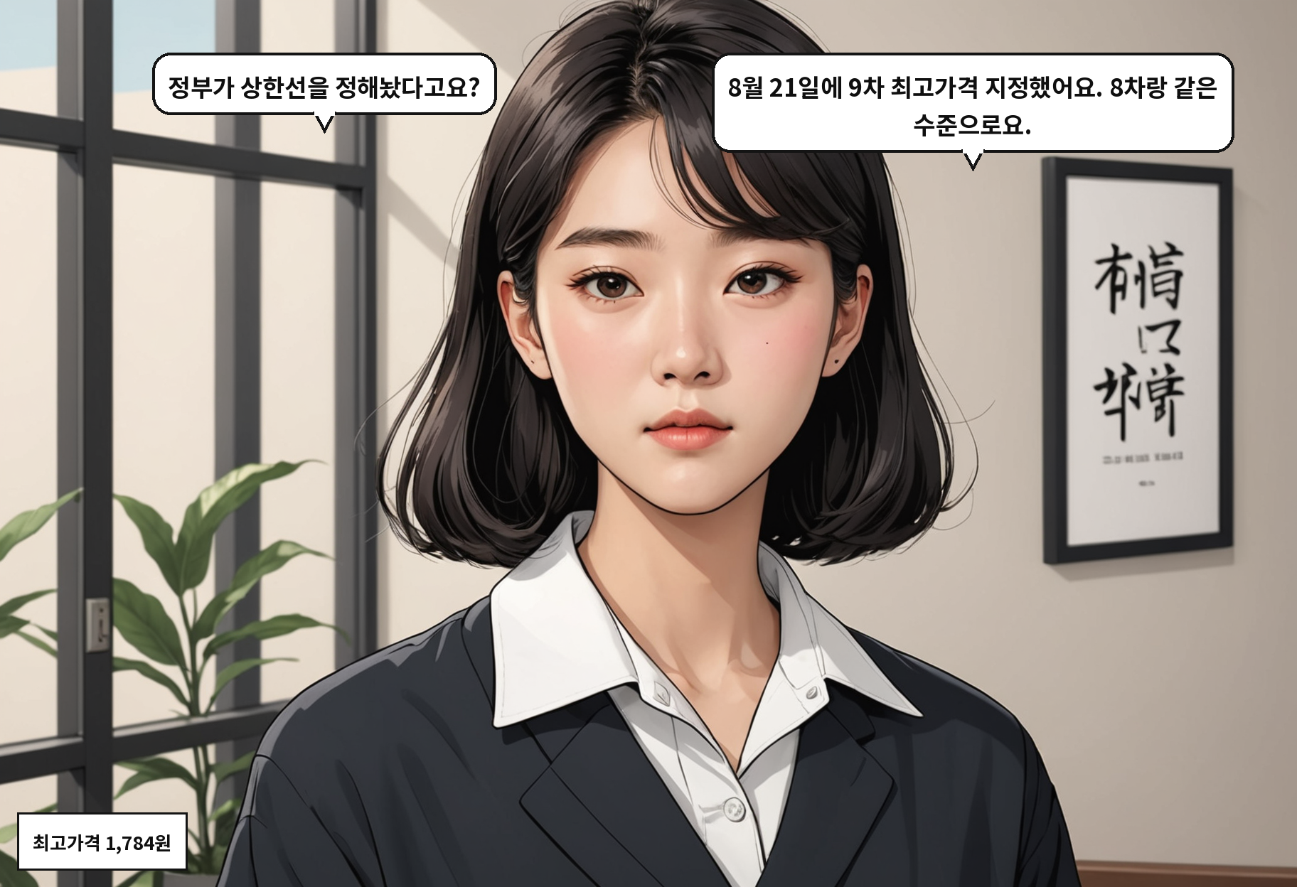 A: 정부가 상한선을 정해놨다고요? B: 8월 21일에 9차 최고가격 지정했어요. 8차랑 같은 수준으로요.