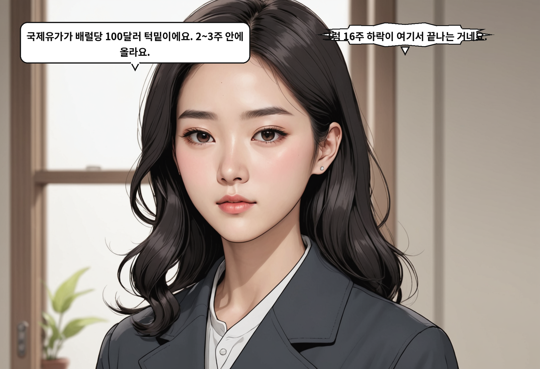 B: 국제유가가 배럴당 100달러 턱밑이에요. 2~3주 안에 올라요. A: 그럼 16주 하락이 여기서 끝나는 거네요.