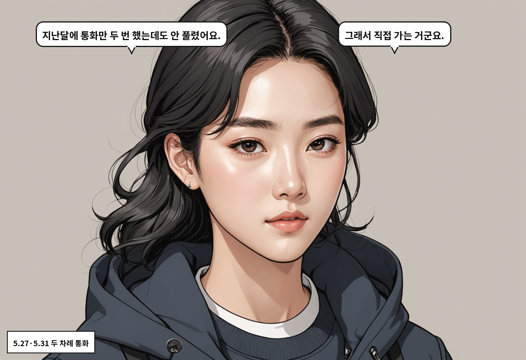 B: 지난달에 통화만 두 번 했는데도 안 풀렸어요. A: 그래서 직접 가는 거군요.