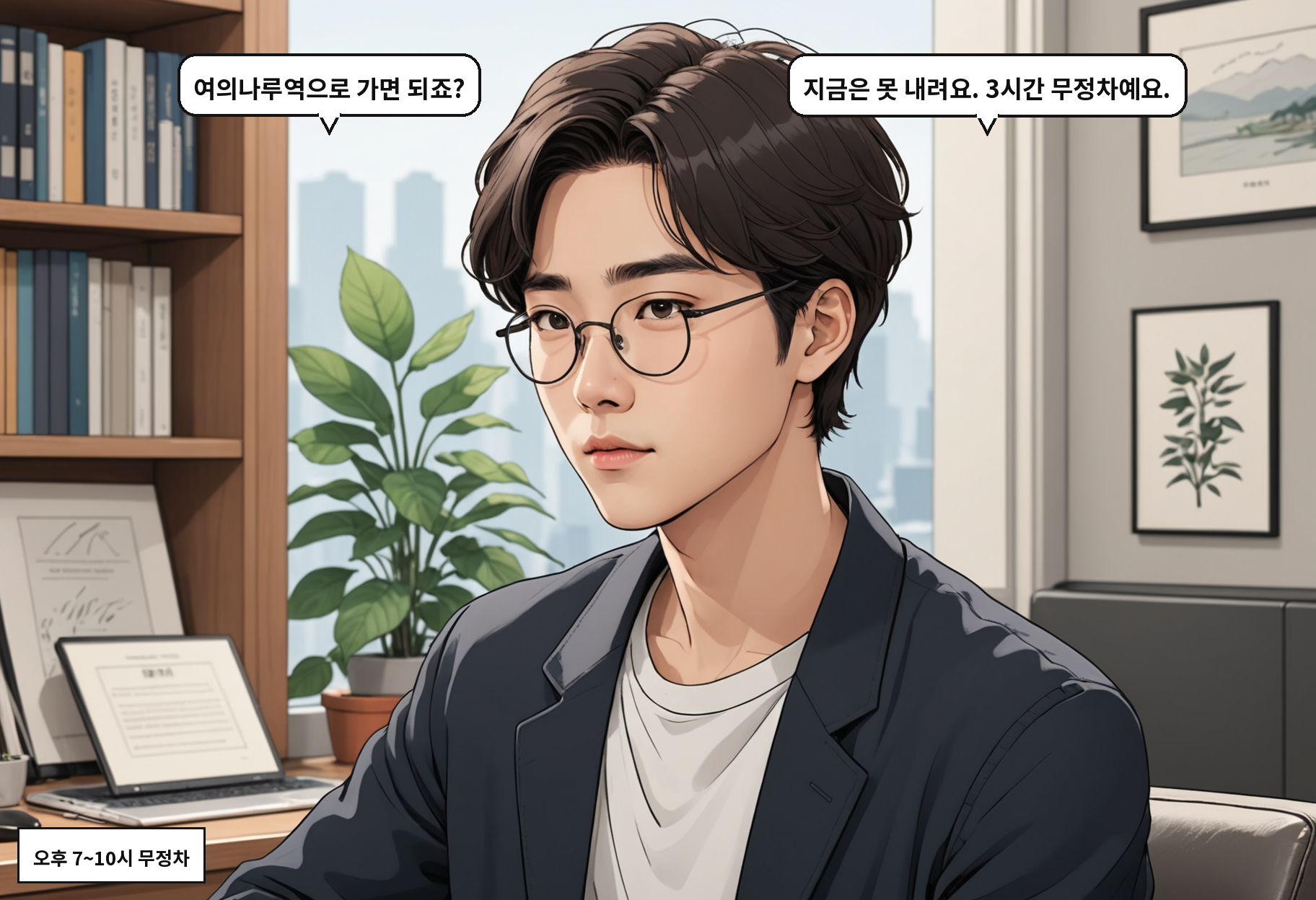A: 여의나루역으로 가면 되죠? B: 지금은 못 내려요. 3시간 무정차예요.