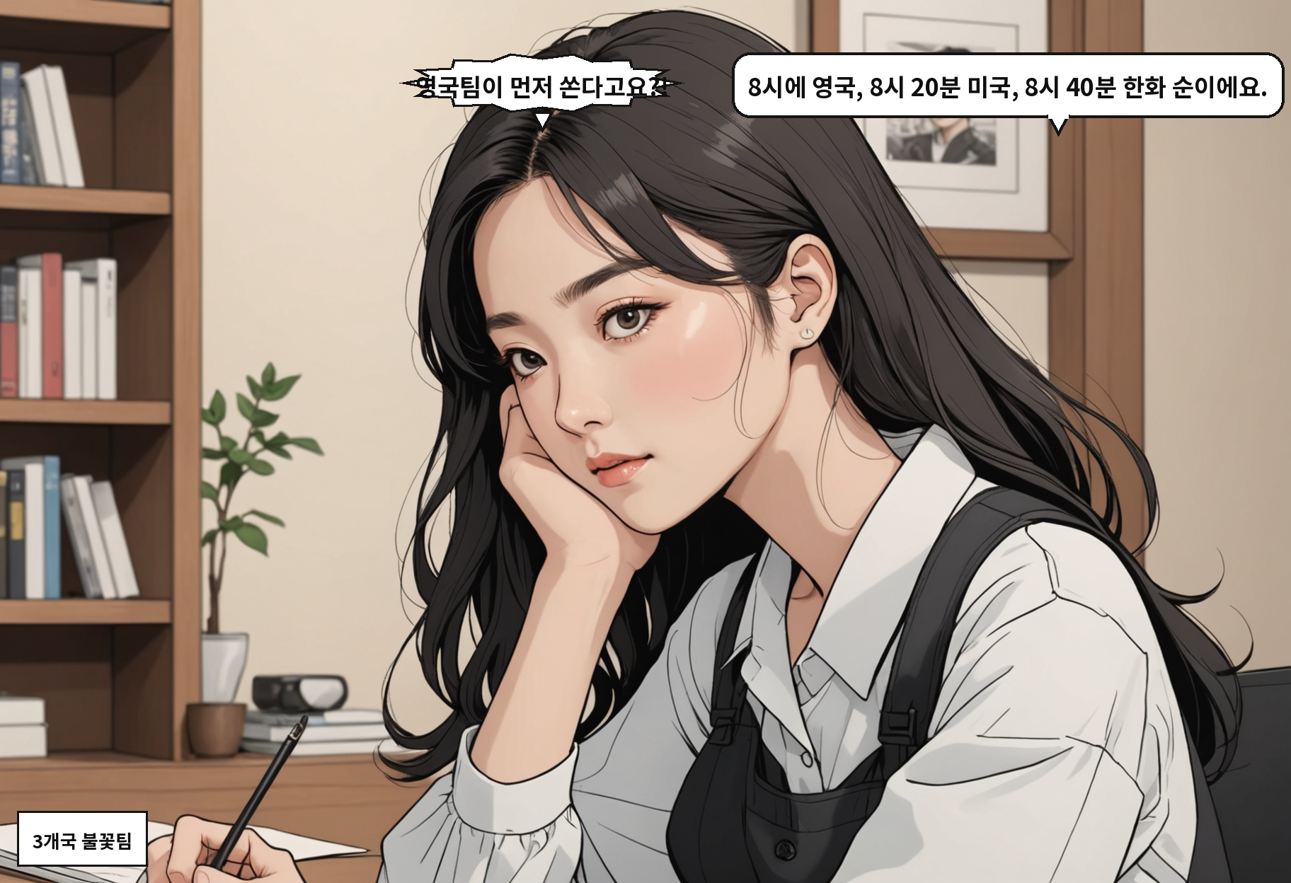 A: 영국팀이 먼저 쏜다고요?! B: 8시에 영국, 8시 20분 미국, 8시 40분 한화 순이에요.