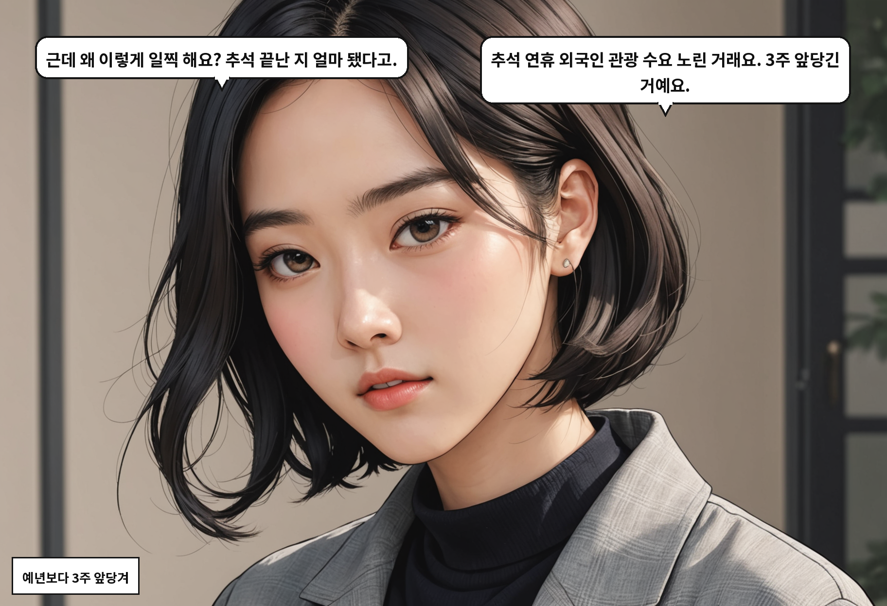 A: 근데 왜 이렇게 일찍 해요? 추석 끝난 지 얼마 됐다고. B: 추석 연휴 외국인 관광 수요 노린 거래요. 3주 앞당긴 거예요.