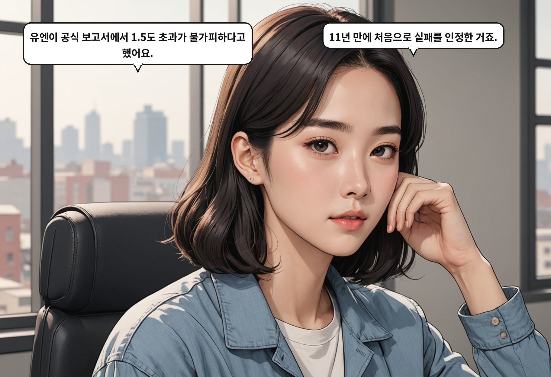 A: 유엔이 공식 보고서에서 1.5도 초과가 불가피하다고 했어요. B: 11년 만에 처음으로 실패를 인정한 거죠.