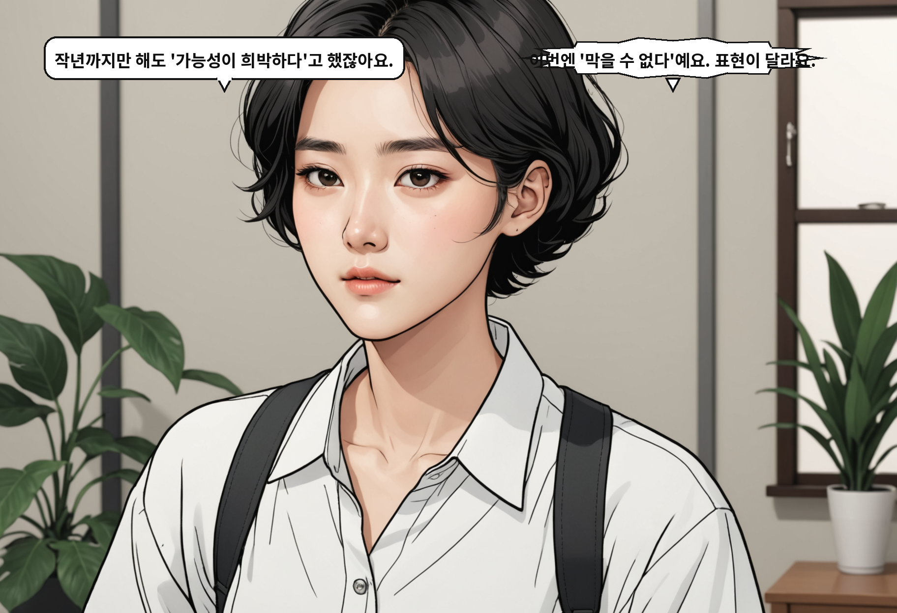 A: 작년까지만 해도 '가능성이 희박하다'고 했잖아요. B: 이번엔 '막을 수 없다'예요. 표현이 달라요.