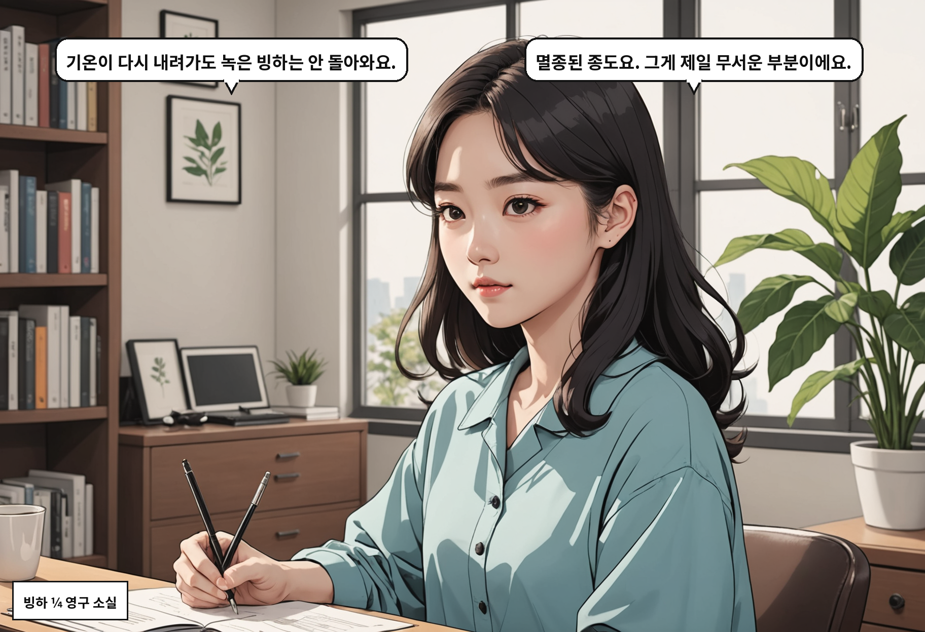 B: 기온이 다시 내려가도 녹은 빙하는 안 돌아와요. A: 멸종된 종도요. 그게 제일 무서운 부분이에요.