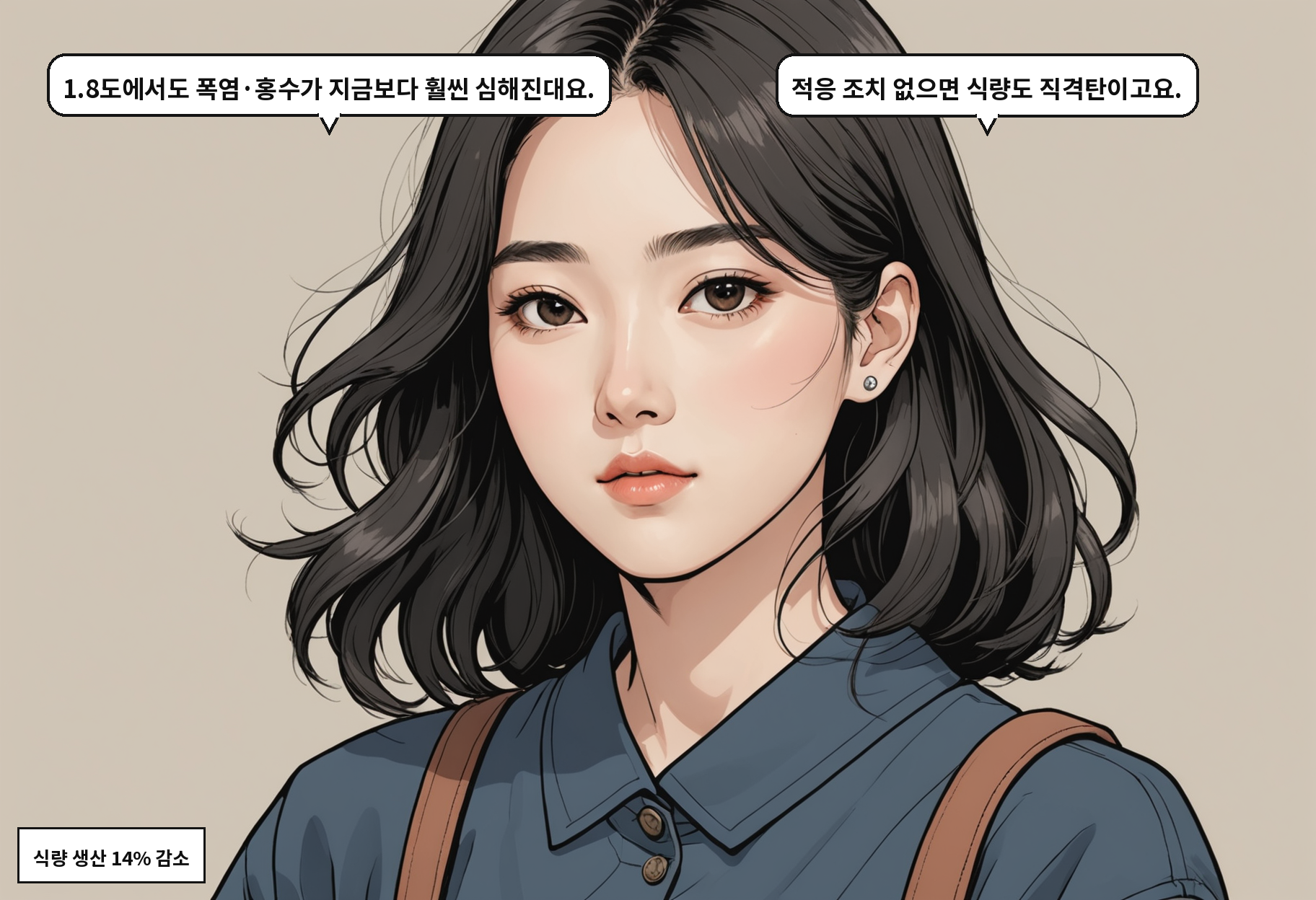 A: 1.8도에서도 폭염·홍수가 지금보다 훨씬 심해진대요. B: 적응 조치 없으면 식량도 직격탄이고요.