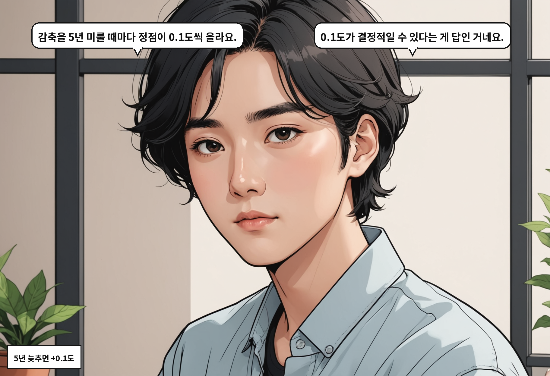 B: 감축을 5년 미룰 때마다 정점이 0.1도씩 올라요. A: 0.1도가 결정적일 수 있다는 게 답인 거네요.