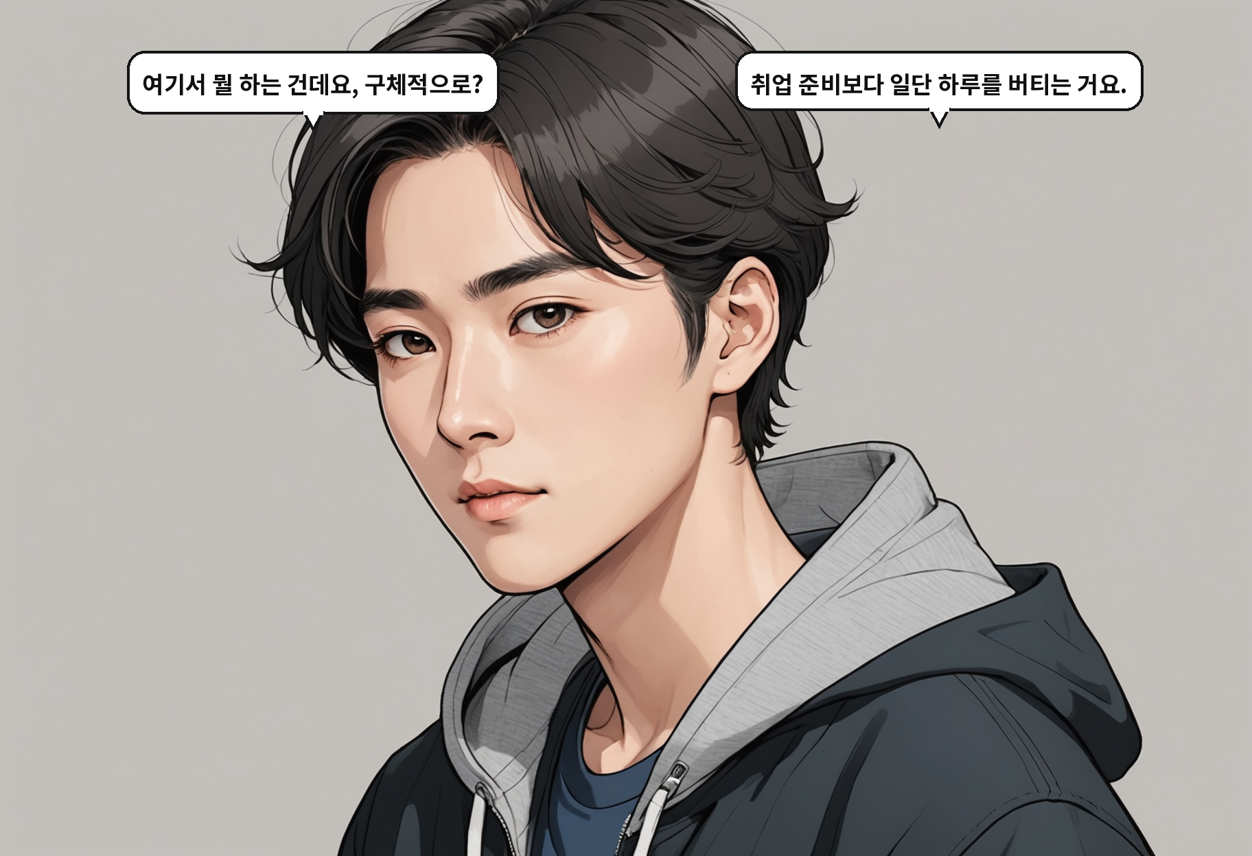 A: 여기서 뭘 하는 건데요, 구체적으로? B: 취업 준비보다 일단 하루를 버티는 거요.