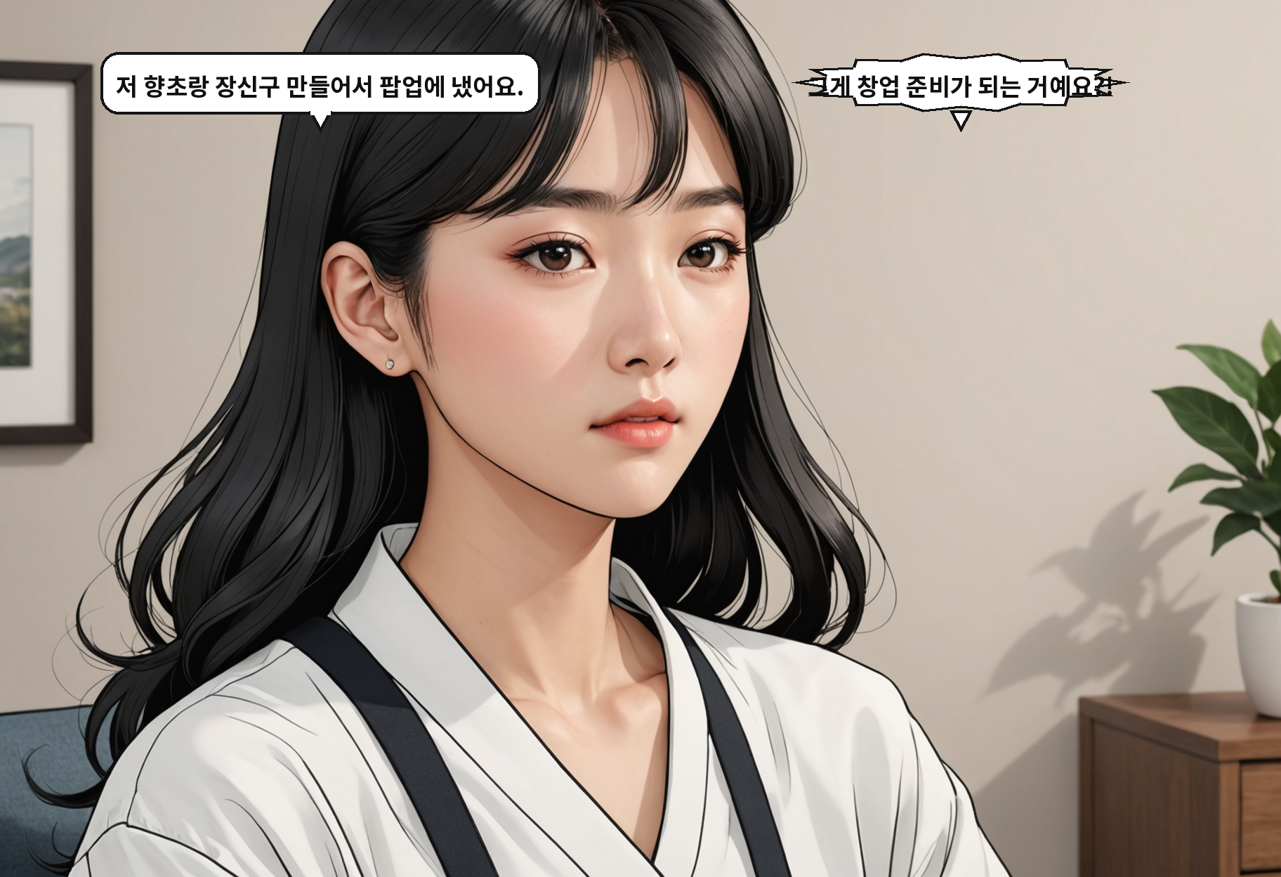 B: 저 향초랑 장신구 만들어서 팝업에 냈어요. A: 그게 창업 준비가 되는 거예요?!