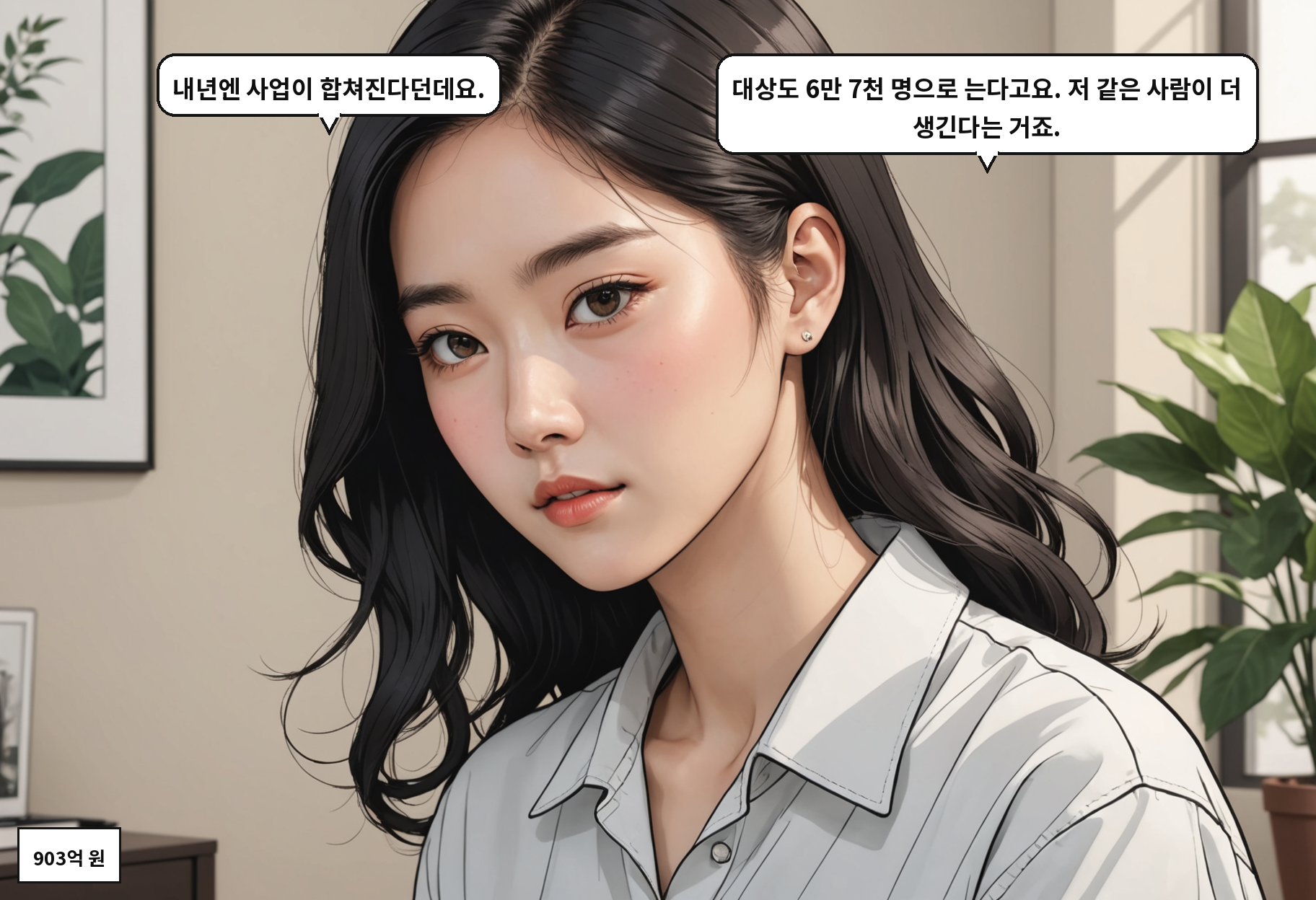 A: 내년엔 사업이 합쳐진다던데요. B: 대상도 6만 7천 명으로 는다고요. 저 같은 사람이 더 생긴다는 거죠.