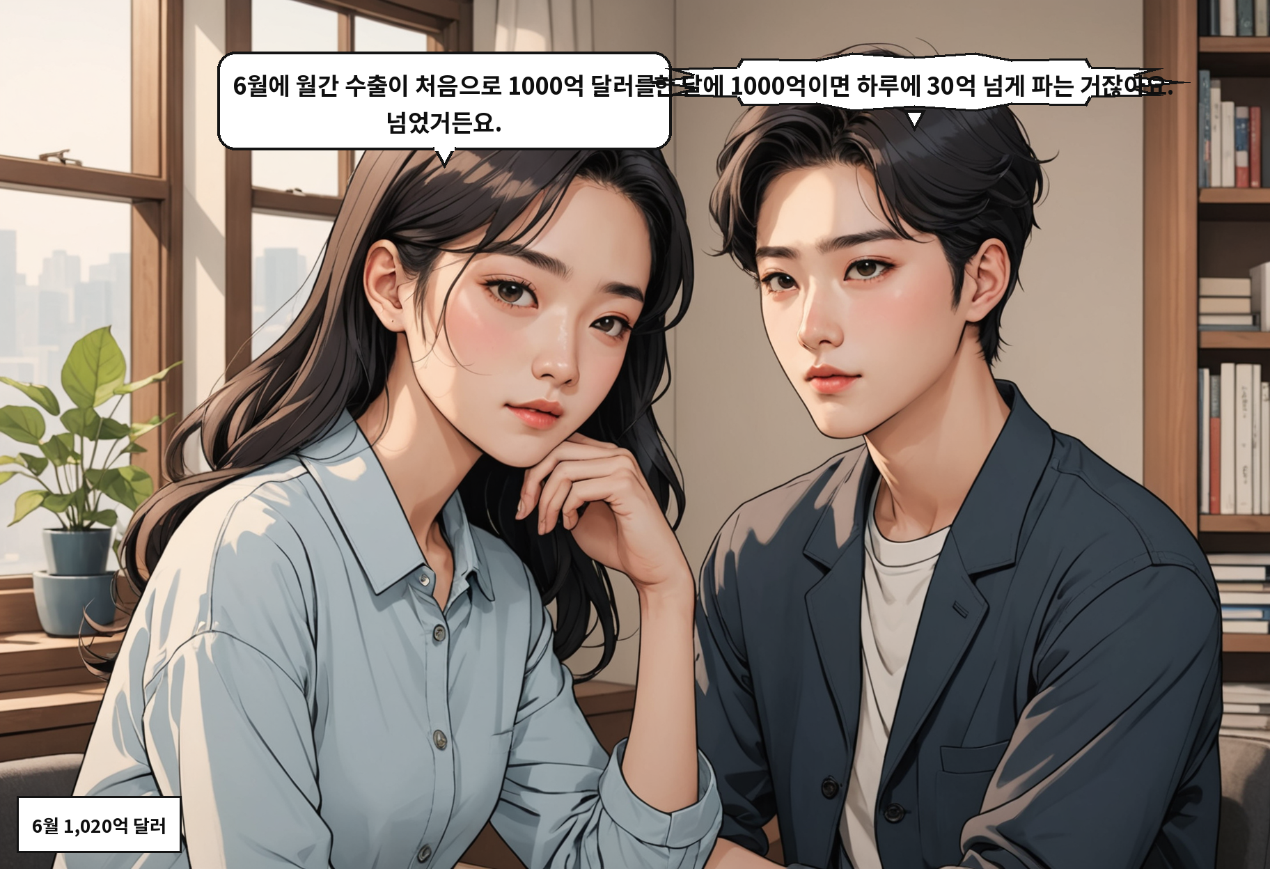 A: 6월에 월간 수출이 처음으로 1000억 달러를 넘었거든요. B: 한 달에 1000억이면 하루에 30억 넘게 파는 거잖아요.