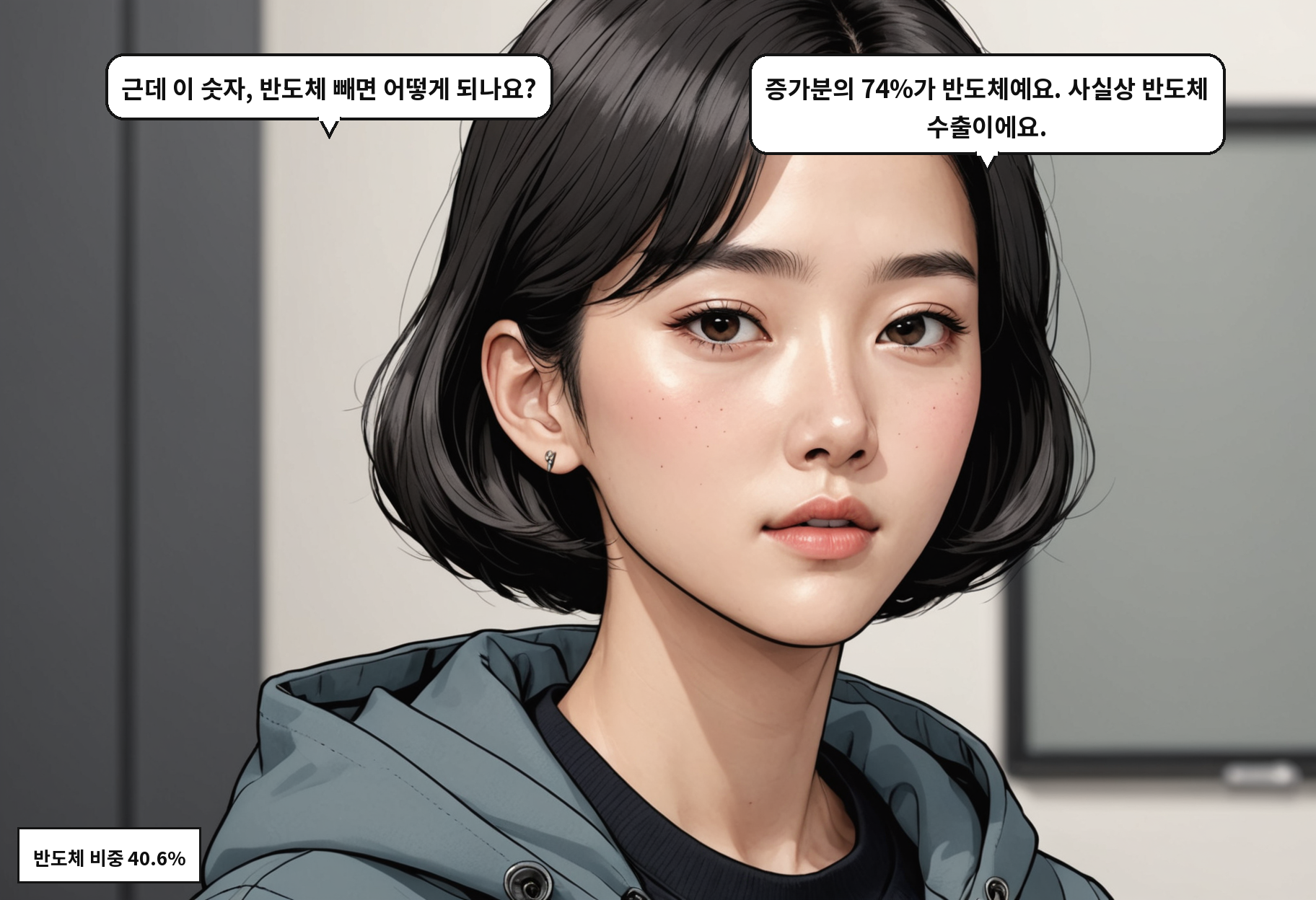 B: 근데 이 숫자, 반도체 빼면 어떻게 되나요? A: 증가분의 74%가 반도체예요. 사실상 반도체 수출이에요.