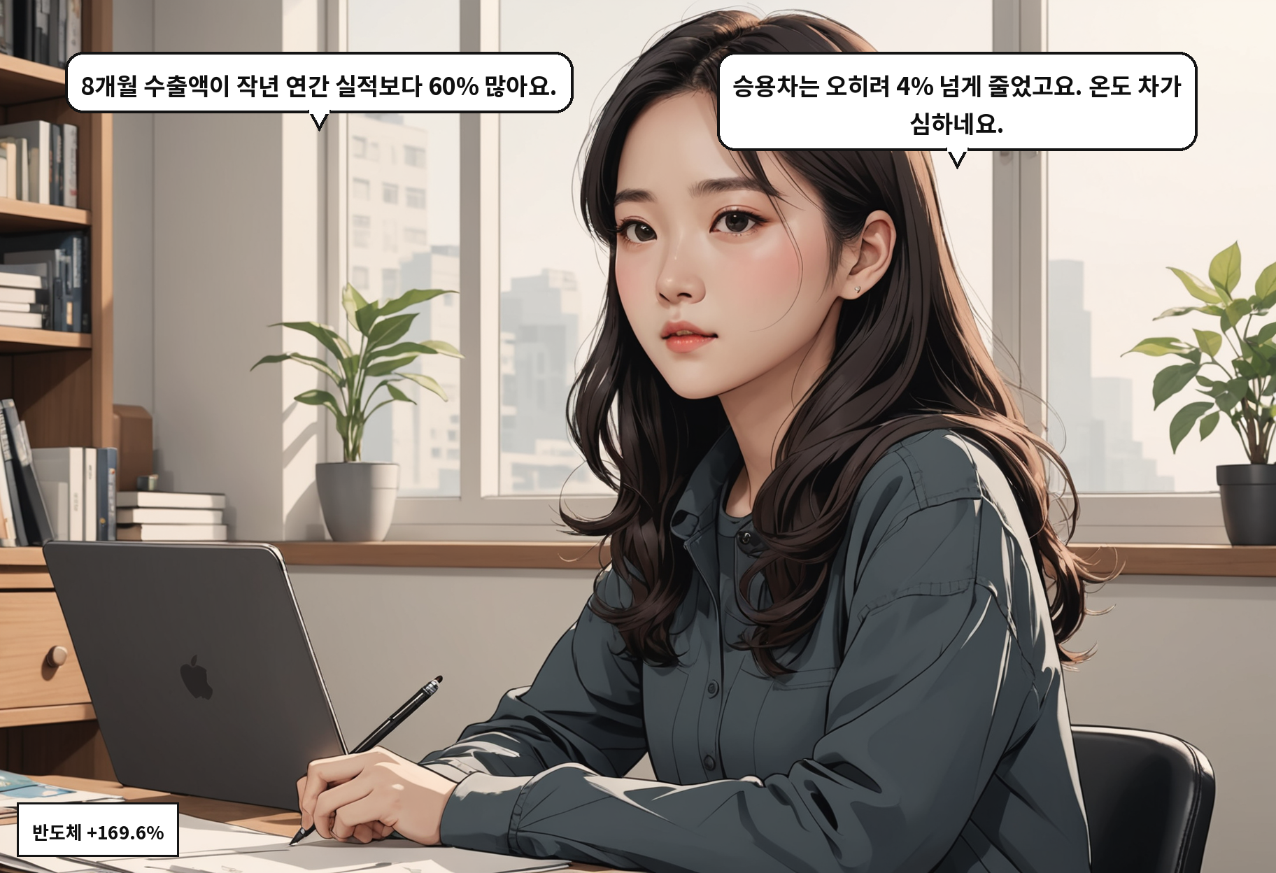 A: 8개월 수출액이 작년 연간 실적보다 60% 많아요. B: 승용차는 오히려 4% 넘게 줄었고요. 온도 차가 심하네요.