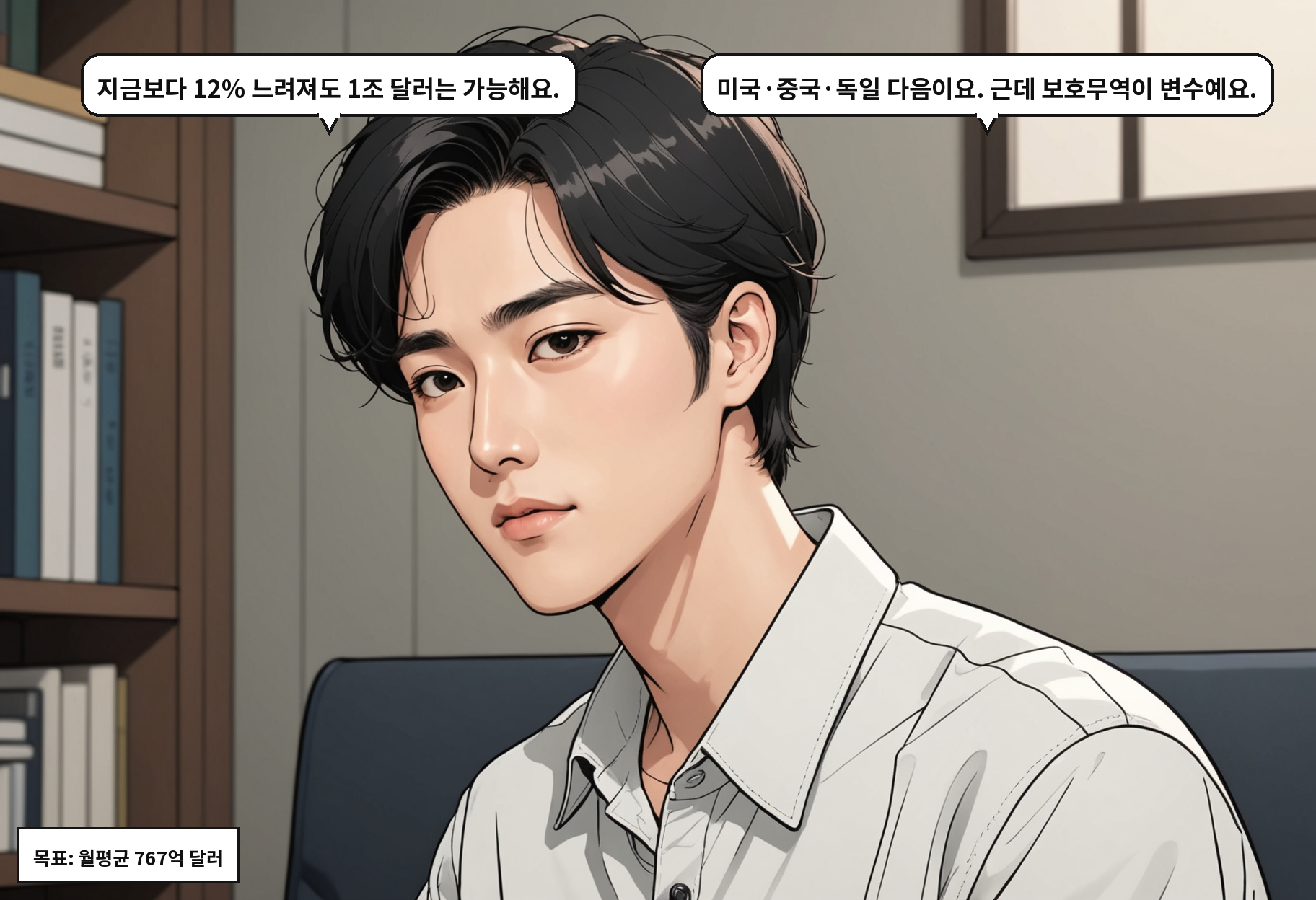 A: 지금보다 12% 느려져도 1조 달러는 가능해요. B: 미국·중국·독일 다음이요. 근데 보호무역이 변수예요.