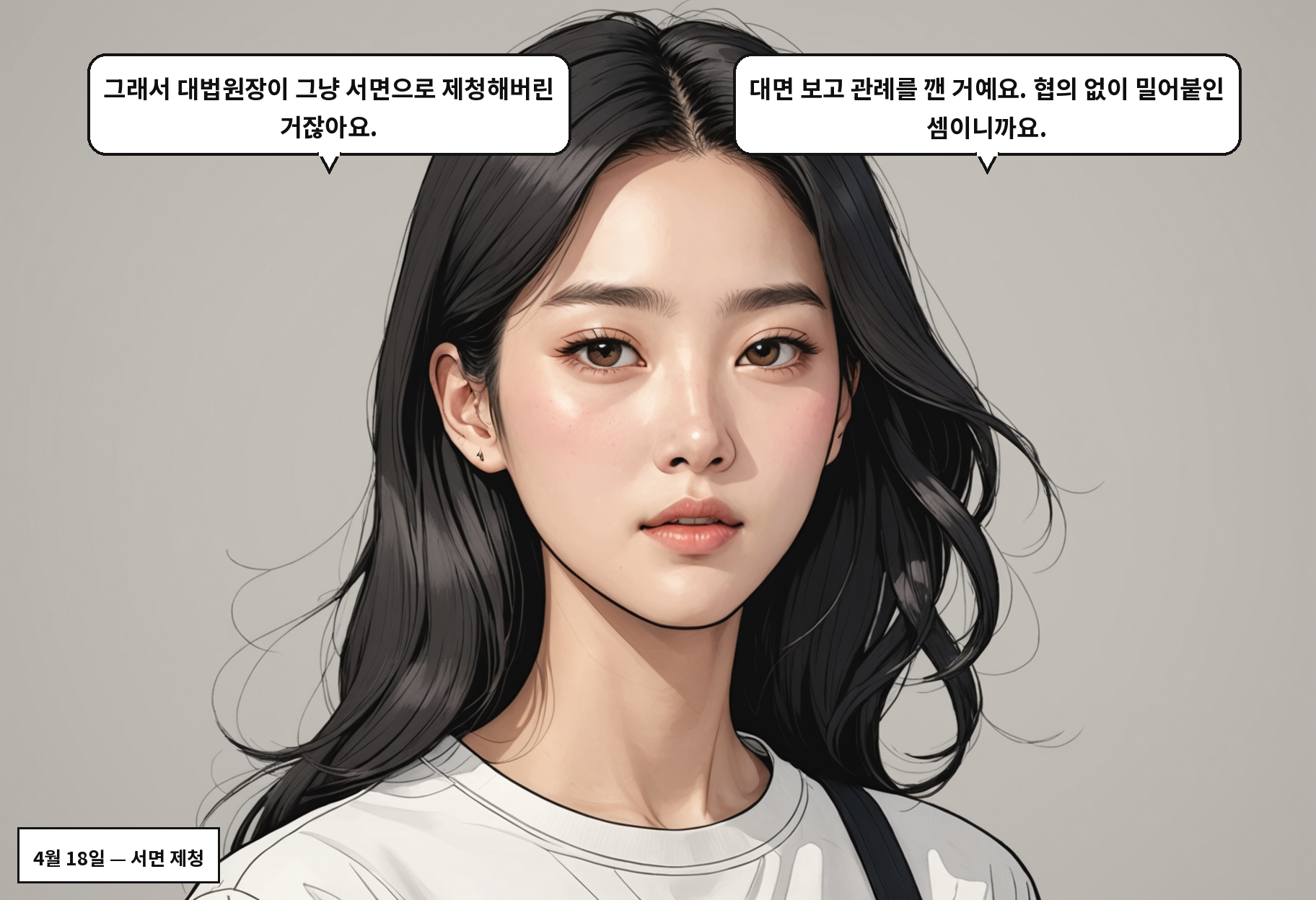 A: 그래서 대법원장이 그냥 서면으로 제청해버린 거잖아요. B: 대면 보고 관례를 깬 거예요. 협의 없이 밀어붙인 셈이니까요.