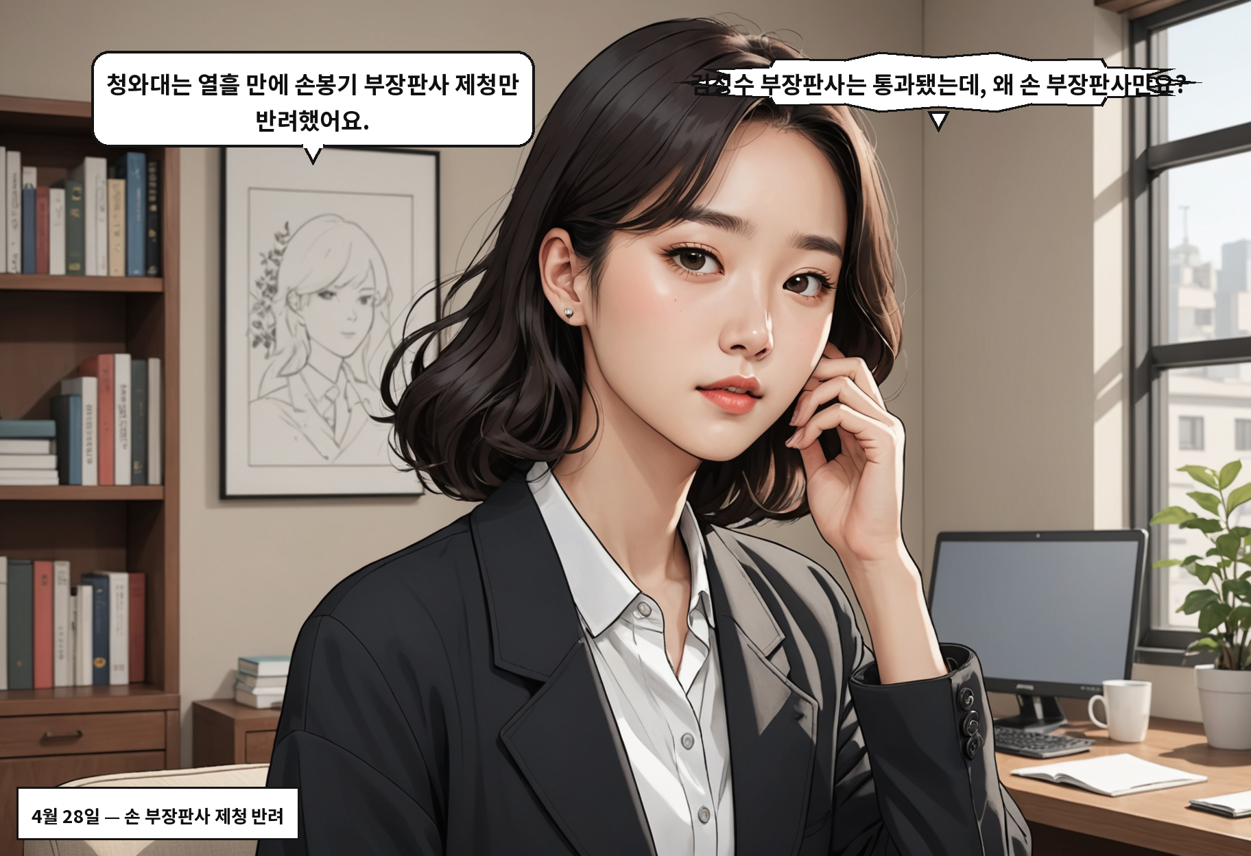 B: 청와대는 열흘 만에 손봉기 부장판사 제청만 반려했어요. A: 김성수 부장판사는 통과됐는데, 왜 손 부장판사만요?