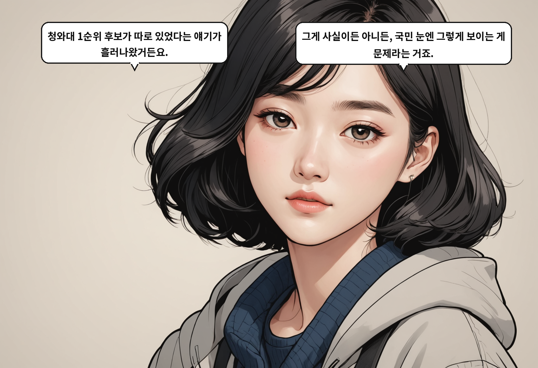 B: 청와대 1순위 후보가 따로 있었다는 얘기가 흘러나왔거든요. A: 그게 사실이든 아니든, 국민 눈엔 그렇게 보이는 게 문제라는 거죠.