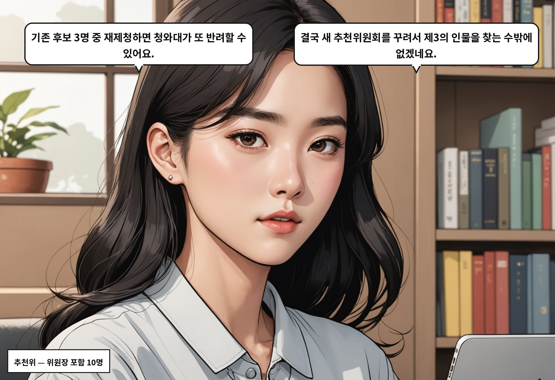 B: 기존 후보 3명 중 재제청하면 청와대가 또 반려할 수 있어요. A: 결국 새 추천위원회를 꾸려서 제3의 인물을 찾는 수밖에 없겠네요.