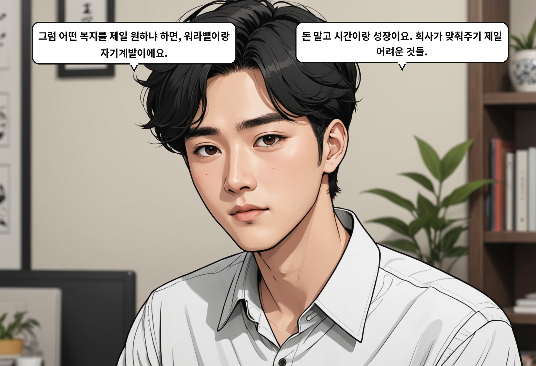 A: 그럼 어떤 복지를 제일 원하냐 하면, 워라밸이랑 자기계발이에요. B: 돈 말고 시간이랑 성장이요. 회사가 맞춰주기 제일 어려운 것들.