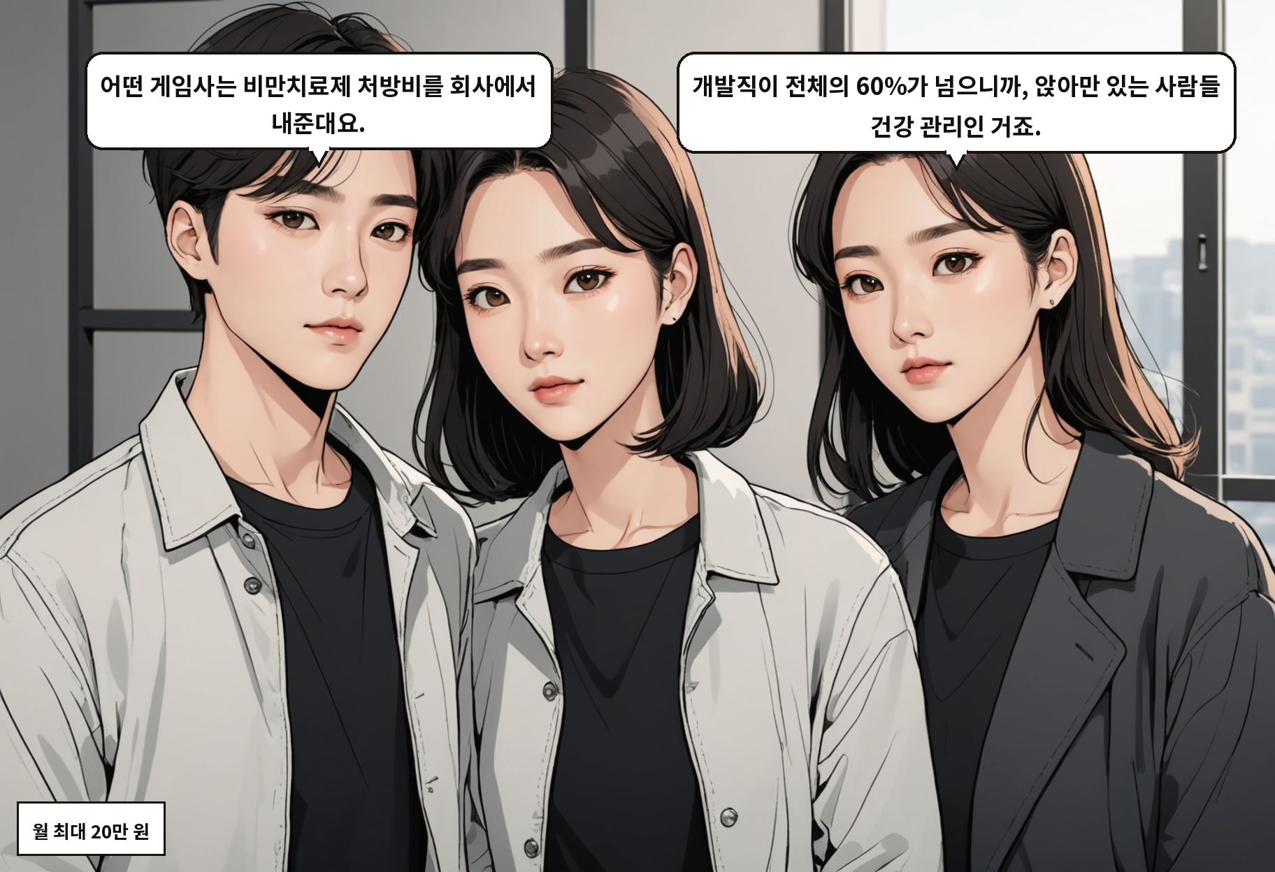A: 어떤 게임사는 비만치료제 처방비를 회사에서 내준대요. B: 개발직이 전체의 60%가 넘으니까, 앉아만 있는 사람들 건강 관리인 거죠.