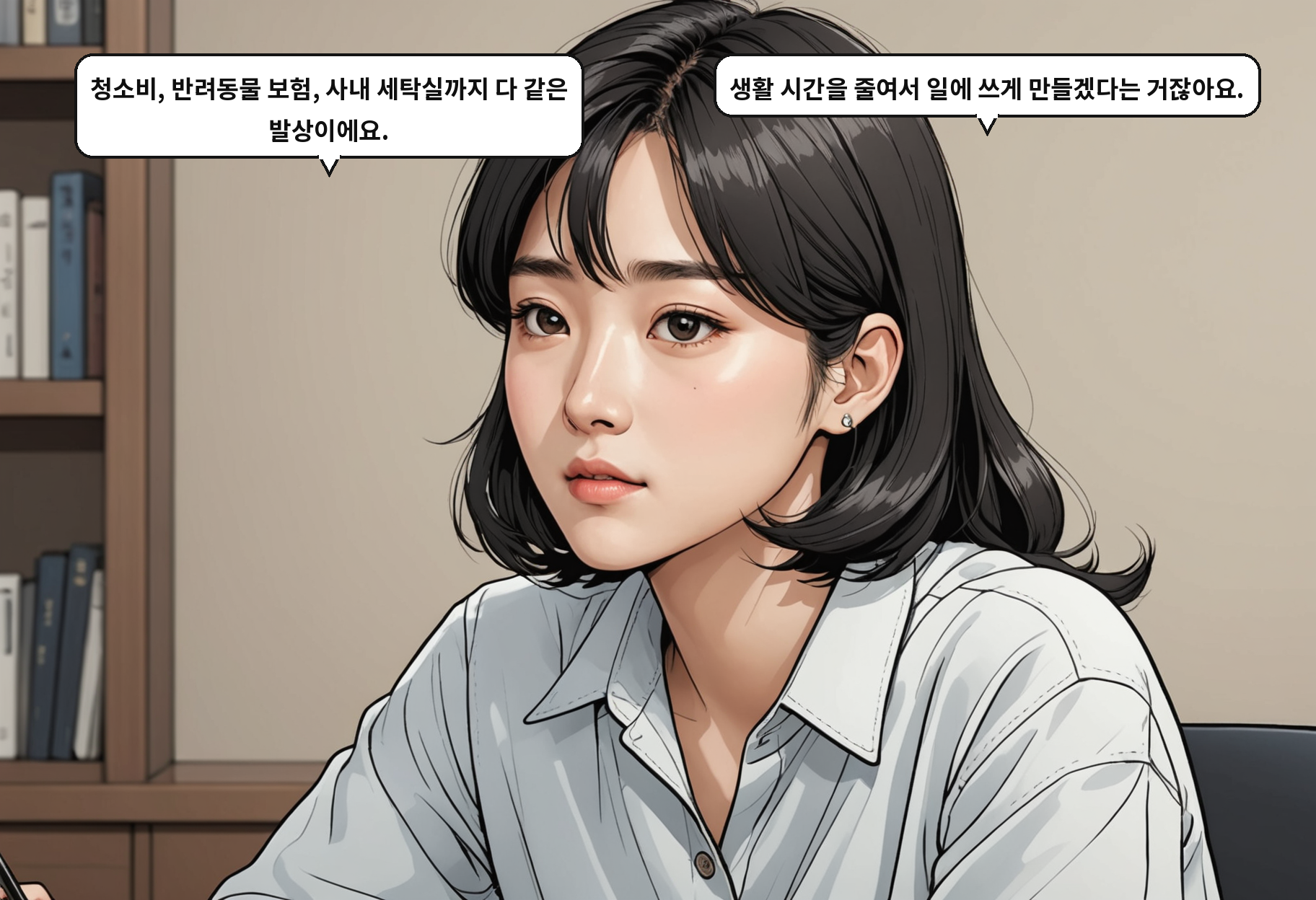 B: 청소비, 반려동물 보험, 사내 세탁실까지 다 같은 발상이에요. A: 생활 시간을 줄여서 일에 쓰게 만들겠다는 거잖아요.