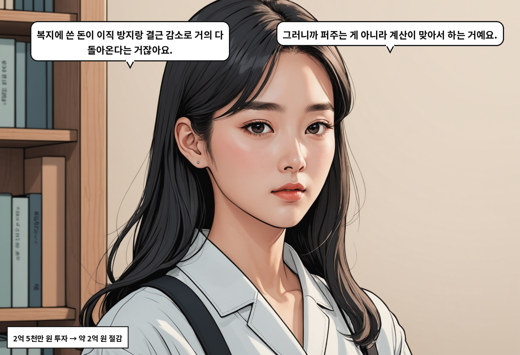 B: 복지에 쓴 돈이 이직 방지랑 결근 감소로 거의 다 돌아온다는 거잖아요. A: 그러니까 퍼주는 게 아니라 계산이 맞아서 하는 거예요.