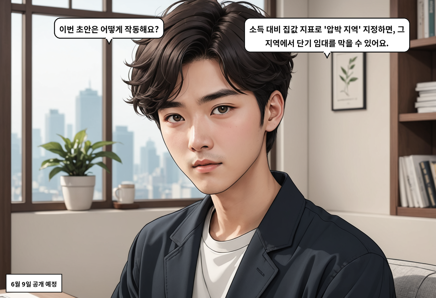 A: 이번 초안은 어떻게 작동해요? B: 소득 대비 집값 지표로 '압박 지역' 지정하면, 그 지역에서 단기 임대를 막을 수 있어요.