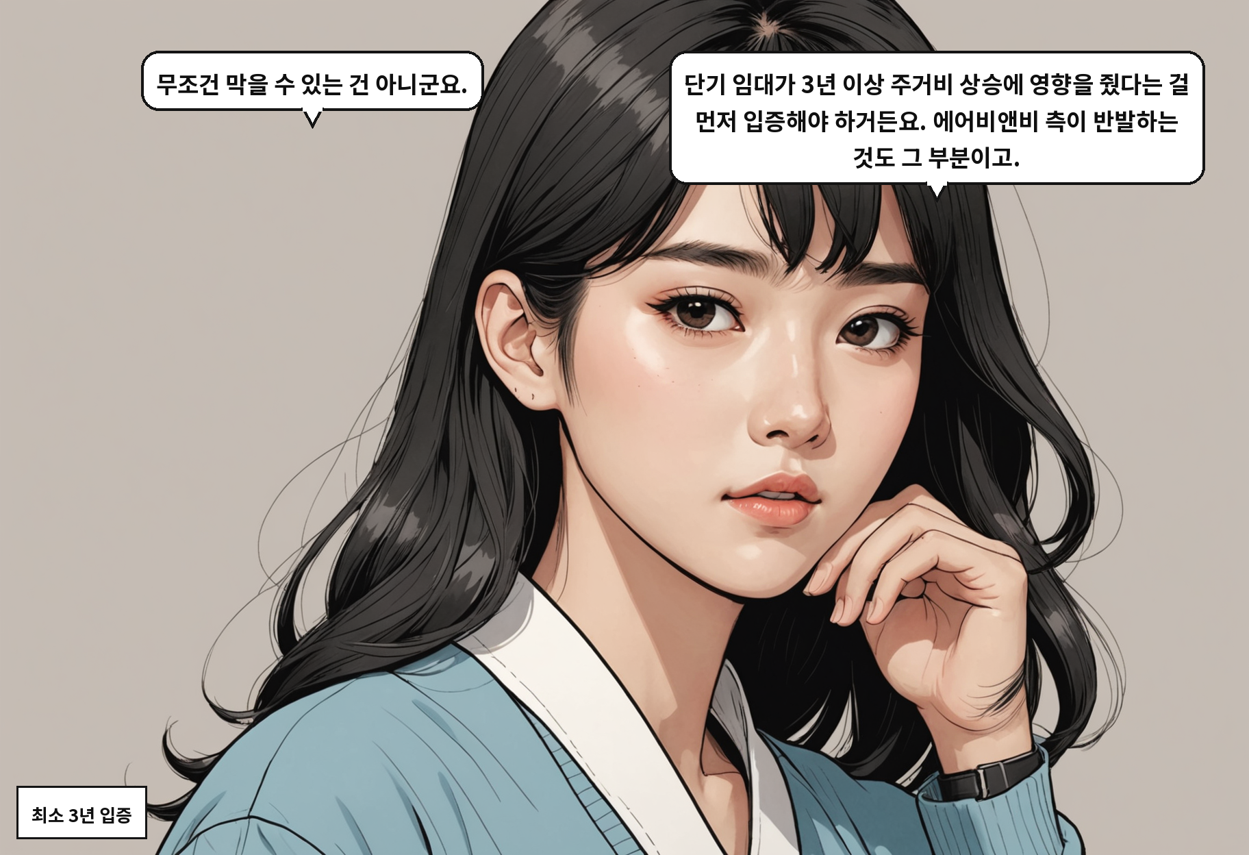 A: 무조건 막을 수 있는 건 아니군요. B: 단기 임대가 3년 이상 주거비 상승에 영향을 줬다는 걸 먼저 입증해야 하거든요. 에어비앤비 측이 반발하는 것도 그 부분이고.
