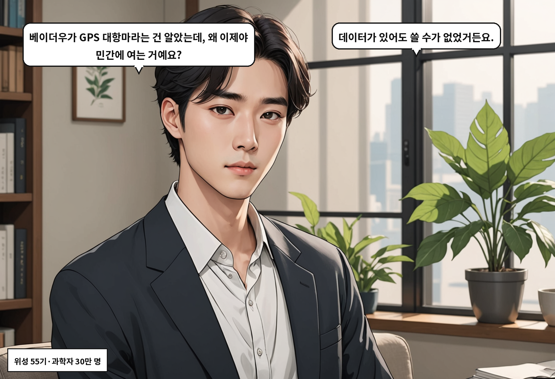 B: 베이더우가 GPS 대항마라는 건 알았는데, 왜 이제야 민간에 여는 거예요? A: 데이터가 있어도 쓸 수가 없었거든요.