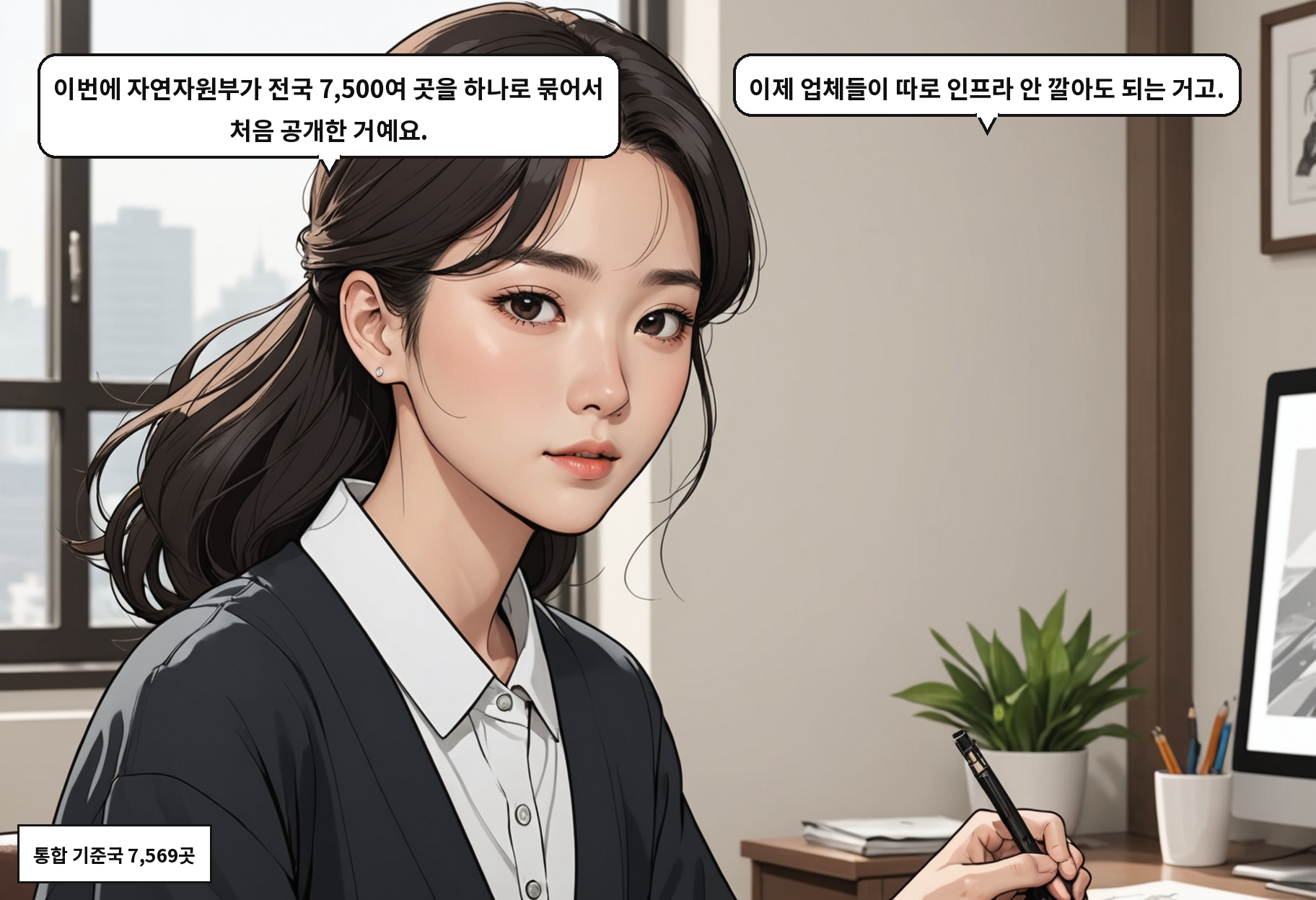 A: 이번에 자연자원부가 전국 7,500여 곳을 하나로 묶어서 처음 공개한 거예요. B: 이제 업체들이 따로 인프라 안 깔아도 되는 거고.