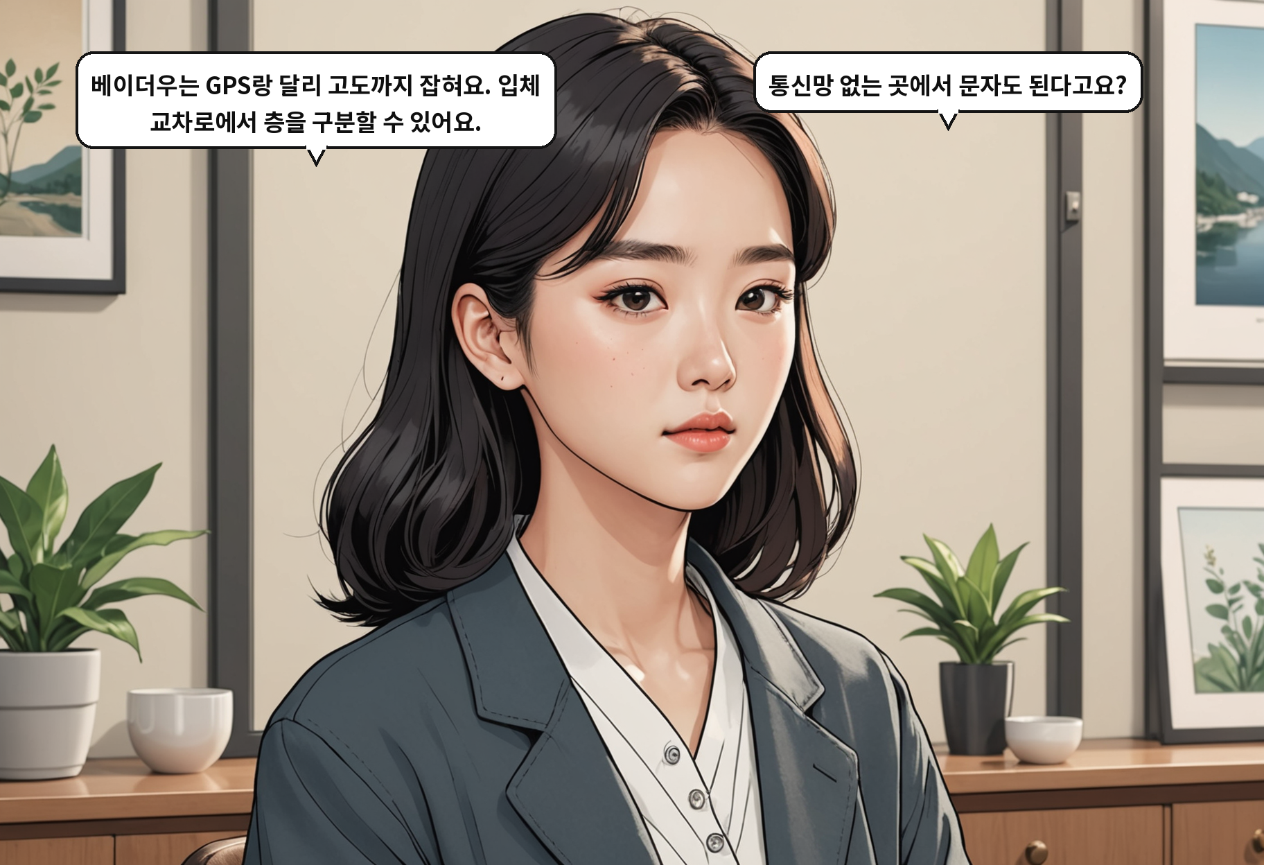 A: 베이더우는 GPS랑 달리 고도까지 잡혀요. 입체 교차로에서 층을 구분할 수 있어요. B: 통신망 없는 곳에서 문자도 된다고요?