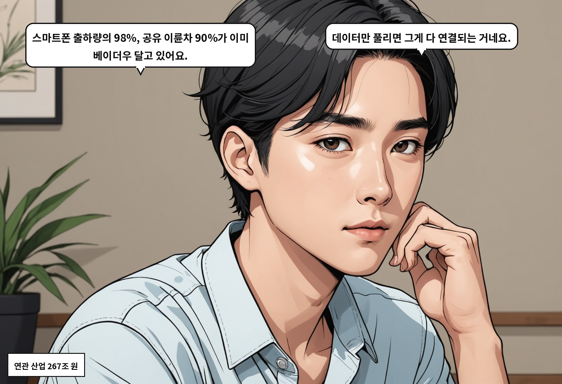A: 스마트폰 출하량의 98%, 공유 이륜차 90%가 이미 베이더우 달고 있어요. B: 데이터만 풀리면 그게 다 연결되는 거네요.