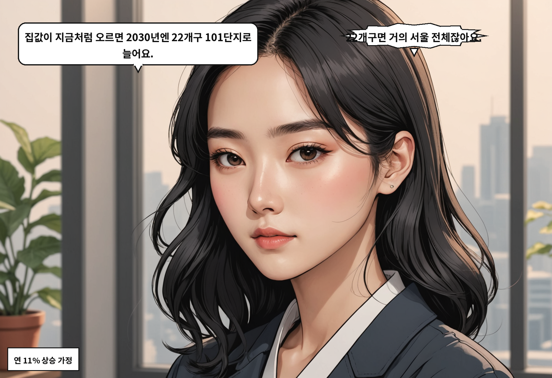B: 집값이 지금처럼 오르면 2030년엔 22개구 101단지로 늘어요. A: 22개구면 거의 서울 전체잖아요.