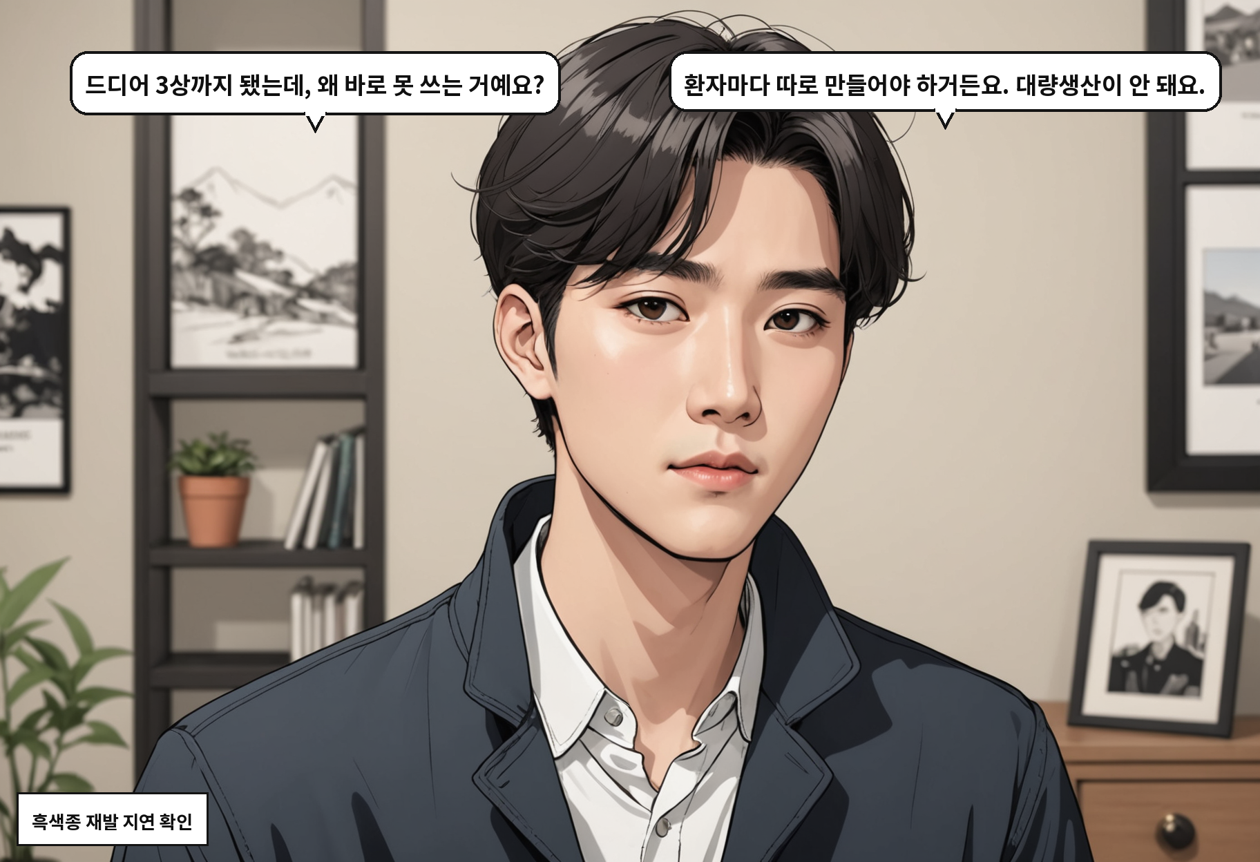 A: 드디어 3상까지 됐는데, 왜 바로 못 쓰는 거예요? B: 환자마다 따로 만들어야 하거든요. 대량생산이 안 돼요.