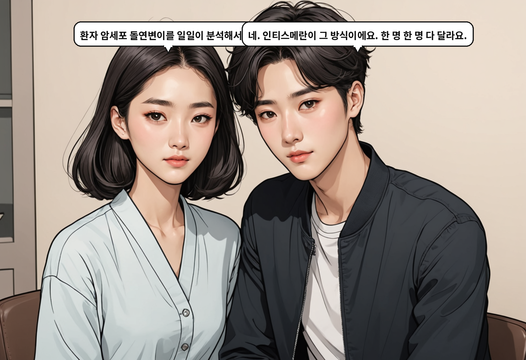 A: 환자 암세포 돌연변이를 일일이 분석해서요? B: 네. 인티스메란이 그 방식이에요. 한 명 한 명 다 달라요.