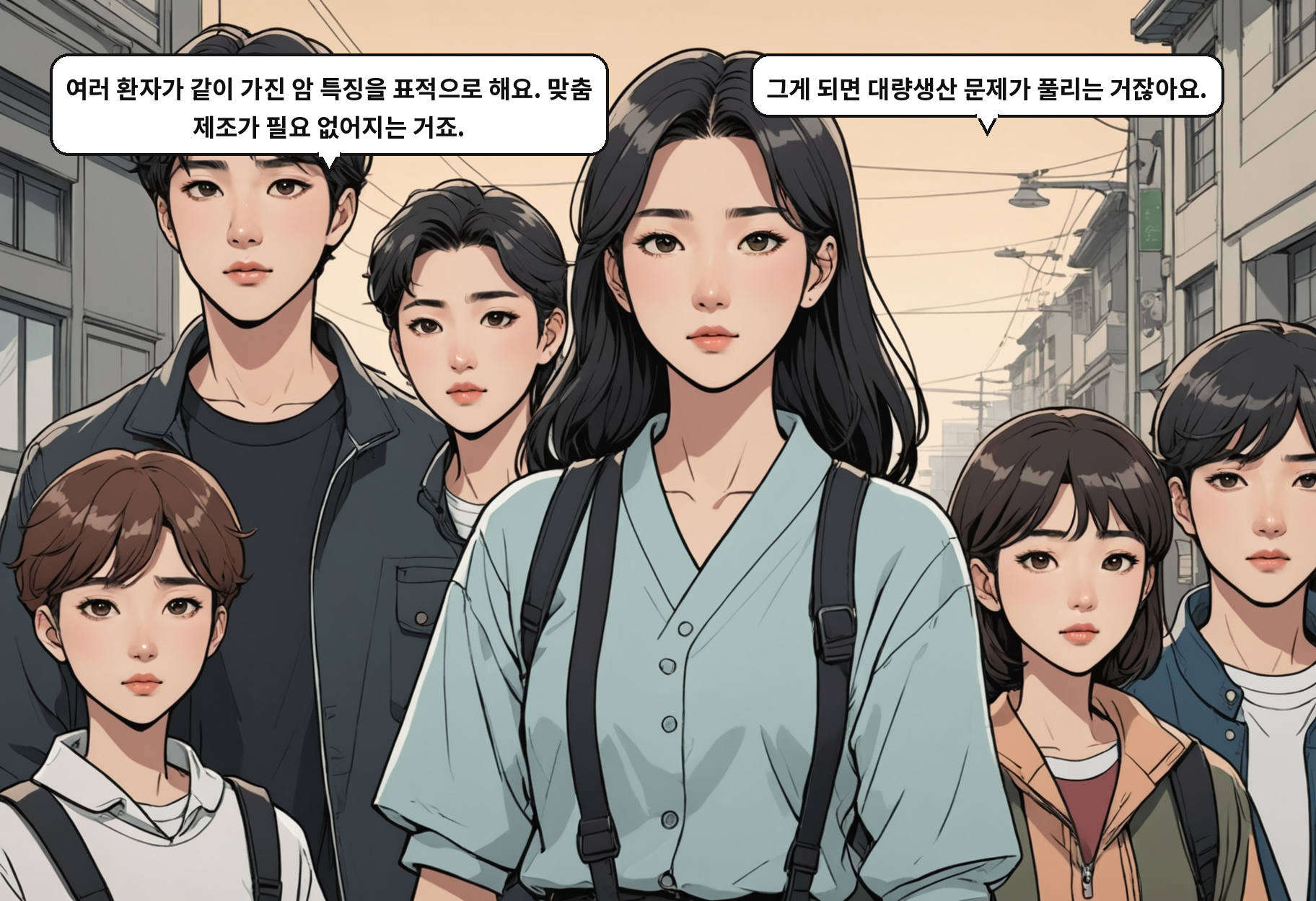 B: 여러 환자가 같이 가진 암 특징을 표적으로 해요. 맞춤 제조가 필요 없어지는 거죠. A: 그게 되면 대량생산 문제가 풀리는 거잖아요.