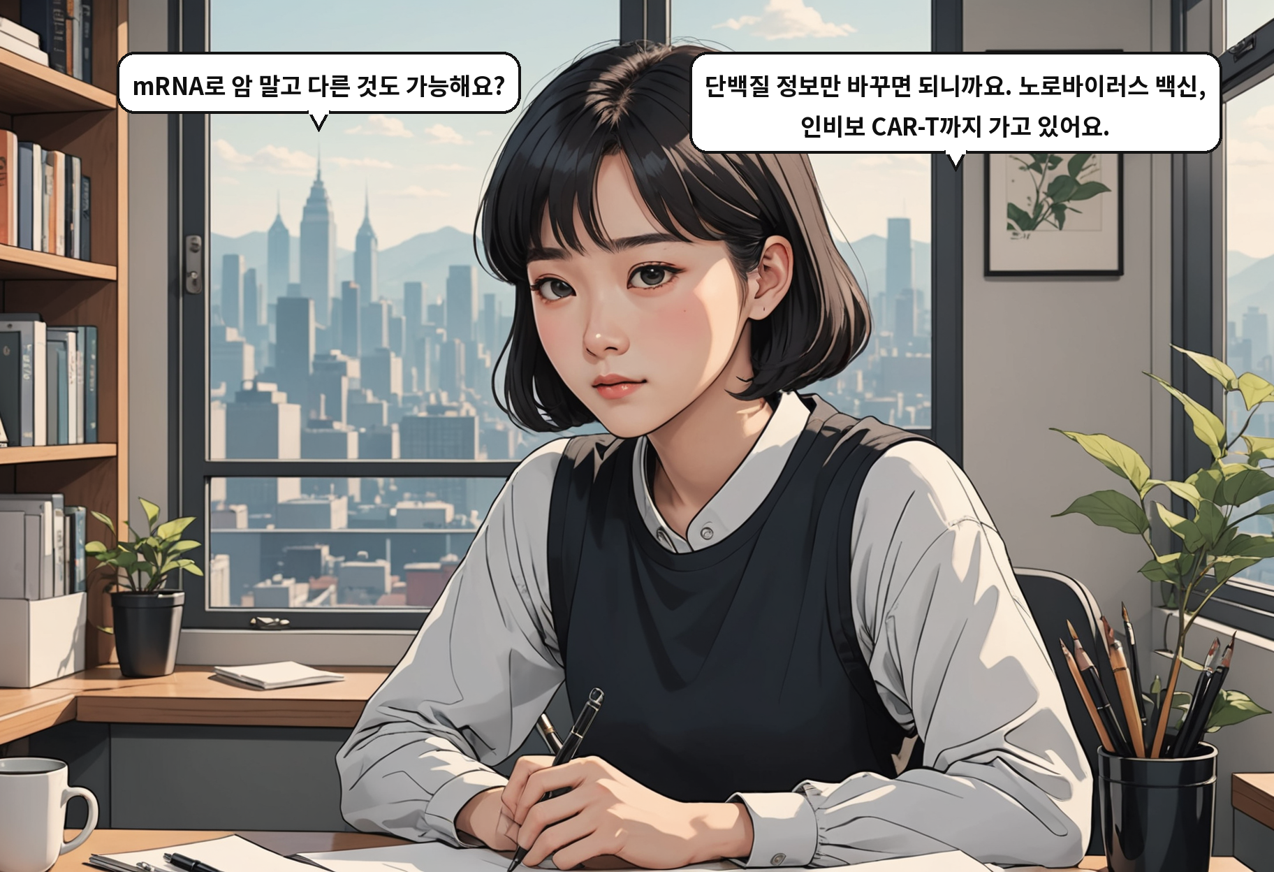 A: mRNA로 암 말고 다른 것도 가능해요? B: 단백질 정보만 바꾸면 되니까요. 노로바이러스 백신, 인비보 CAR-T까지 가고 있어요.