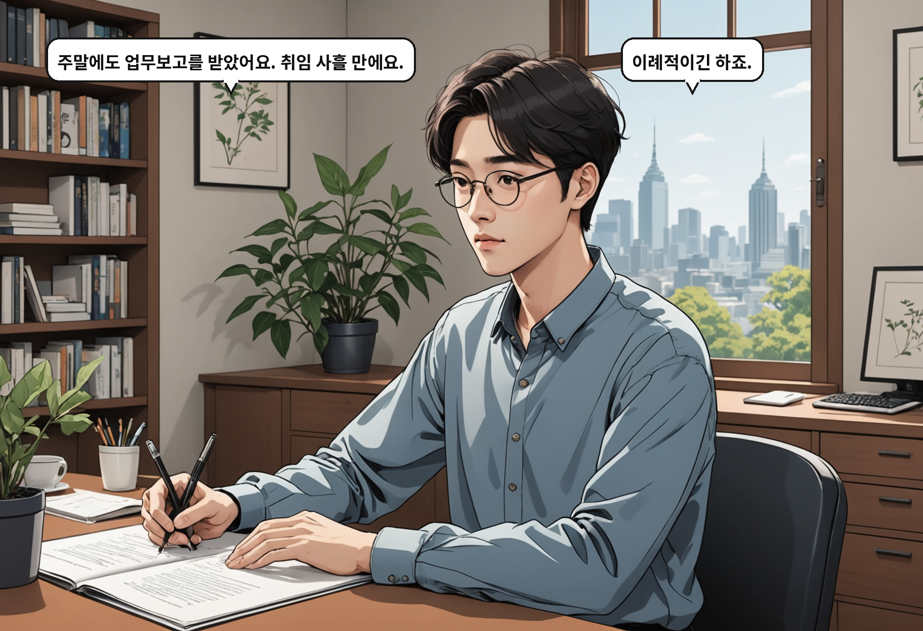 A: 주말에도 업무보고를 받았어요. 취임 사흘 만에요. B: 이례적이긴 하죠.