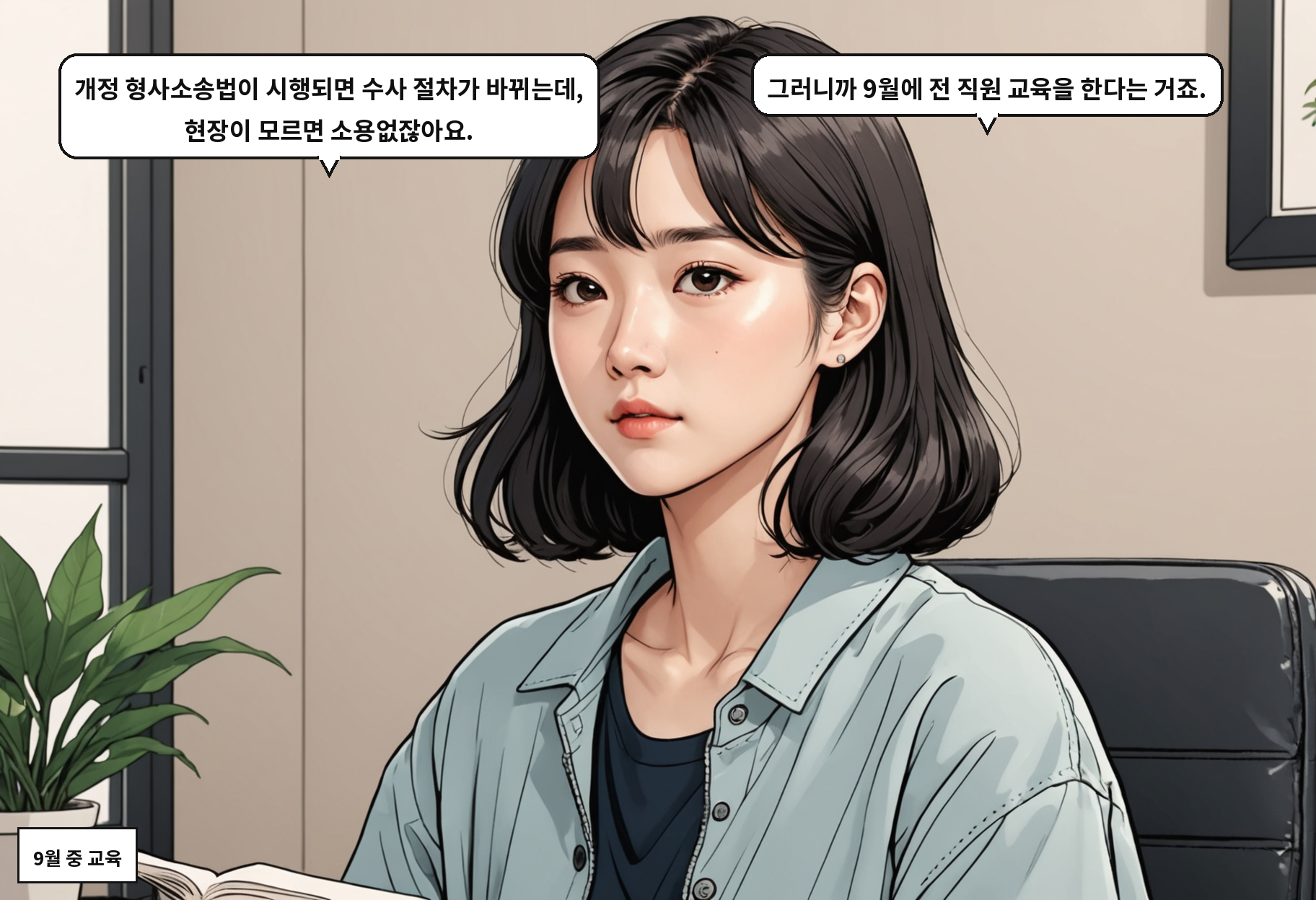 A: 개정 형사소송법이 시행되면 수사 절차가 바뀌는데, 현장이 모르면 소용없잖아요. B: 그러니까 9월에 전 직원 교육을 한다는 거죠.
