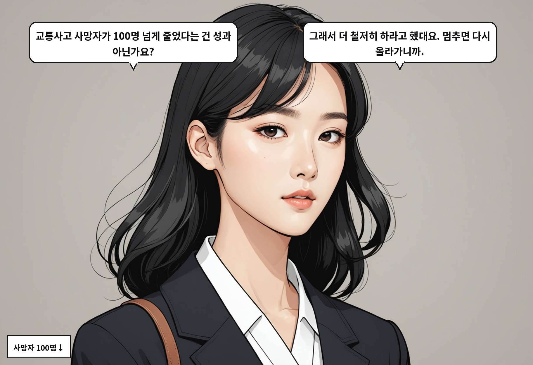 B: 교통사고 사망자가 100명 넘게 줄었다는 건 성과 아닌가요? A: 그래서 더 철저히 하라고 했대요. 멈추면 다시 올라가니까.