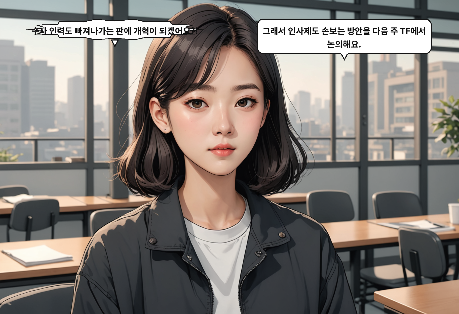 B: 수사 인력도 빠져나가는 판에 개혁이 되겠어요?! A: 그래서 인사제도 손보는 방안을 다음 주 TF에서 논의해요.