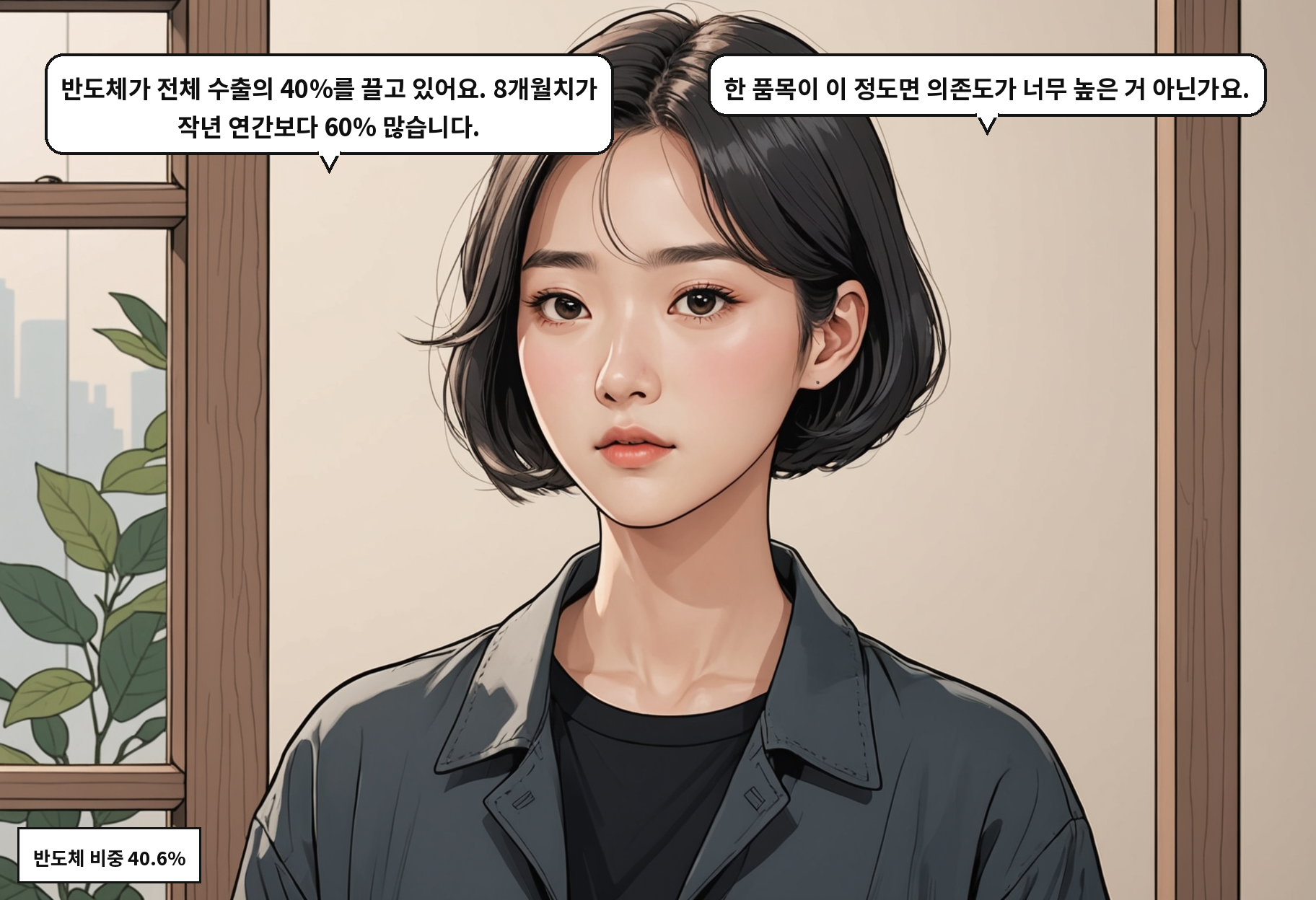 B: 반도체가 전체 수출의 40%를 끌고 있어요. 8개월치가 작년 연간보다 60% 많습니다. A: 한 품목이 이 정도면 의존도가 너무 높은 거 아닌가요.
