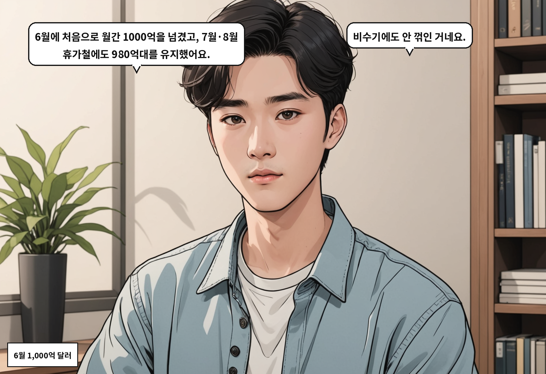 B: 6월에 처음으로 월간 1000억을 넘겼고, 7월·8월 휴가철에도 980억대를 유지했어요. A: 비수기에도 안 꺾인 거네요.