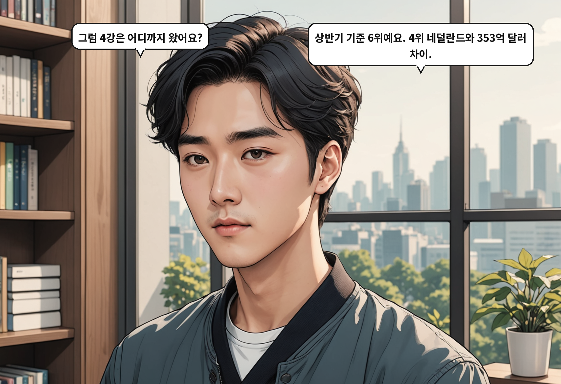 A: 그럼 4강은 어디까지 왔어요? B: 상반기 기준 6위예요. 4위 네덜란드와 353억 달러 차이.