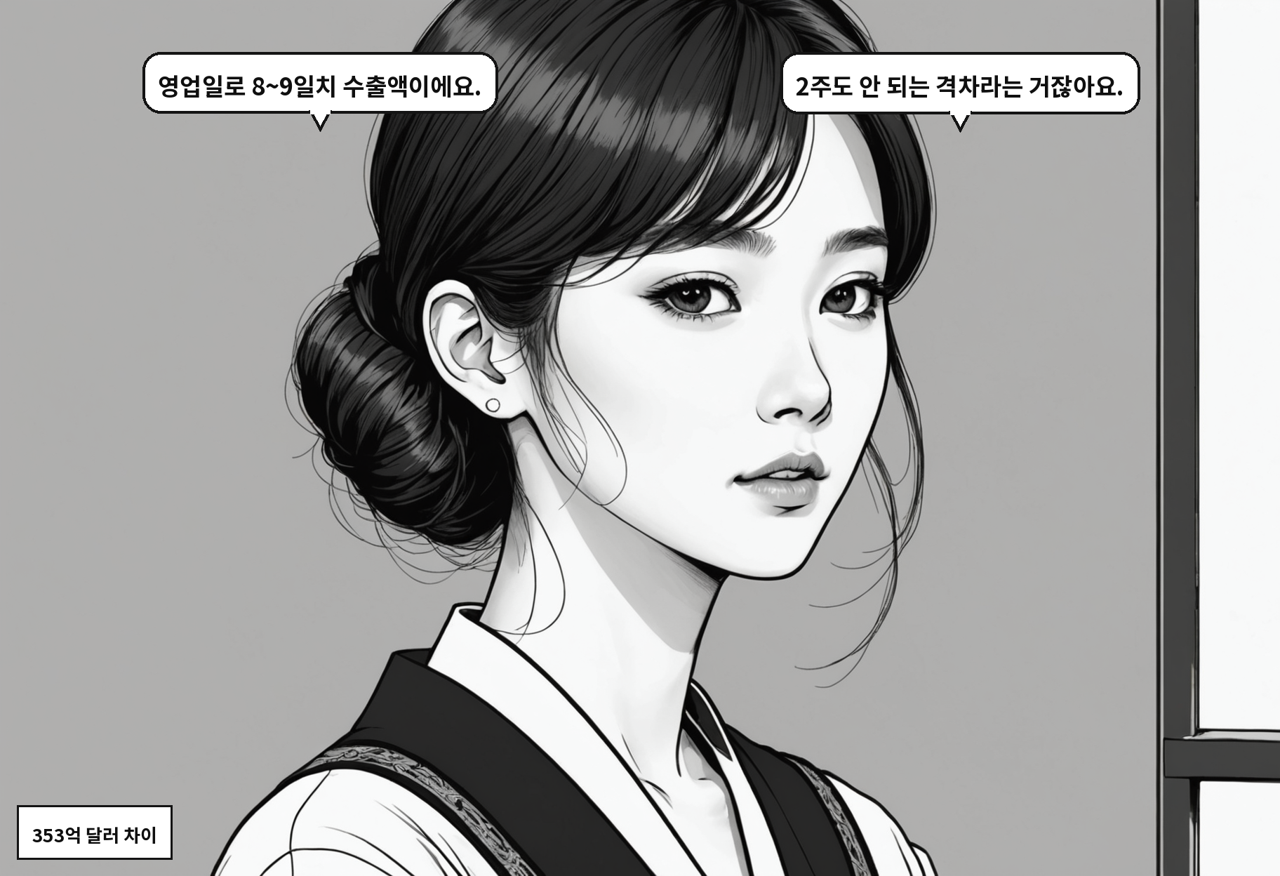 B: 영업일로 8~9일치 수출액이에요. A: 2주도 안 되는 격차라는 거잖아요.