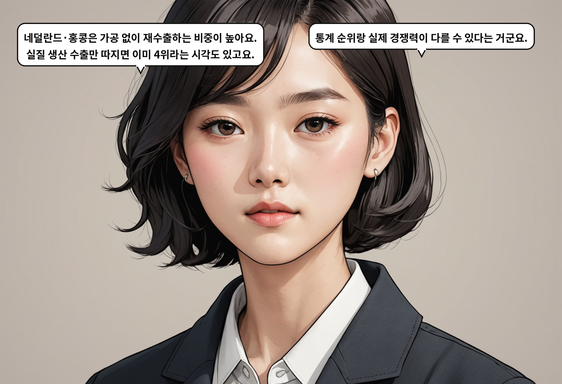 B: 네덜란드·홍콩은 가공 없이 재수출하는 비중이 높아요. 실질 생산 수출만 따지면 이미 4위라는 시각도 있고요. A: 통계 순위랑 실제 경쟁력이 다를 수 있다는 거군요.