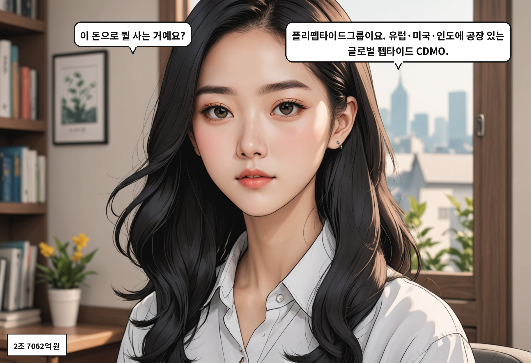 B: 이 돈으로 뭘 사는 거예요? A: 폴리펩타이드그룹이요. 유럽·미국·인도에 공장 있는 글로벌 펩타이드 CDMO.